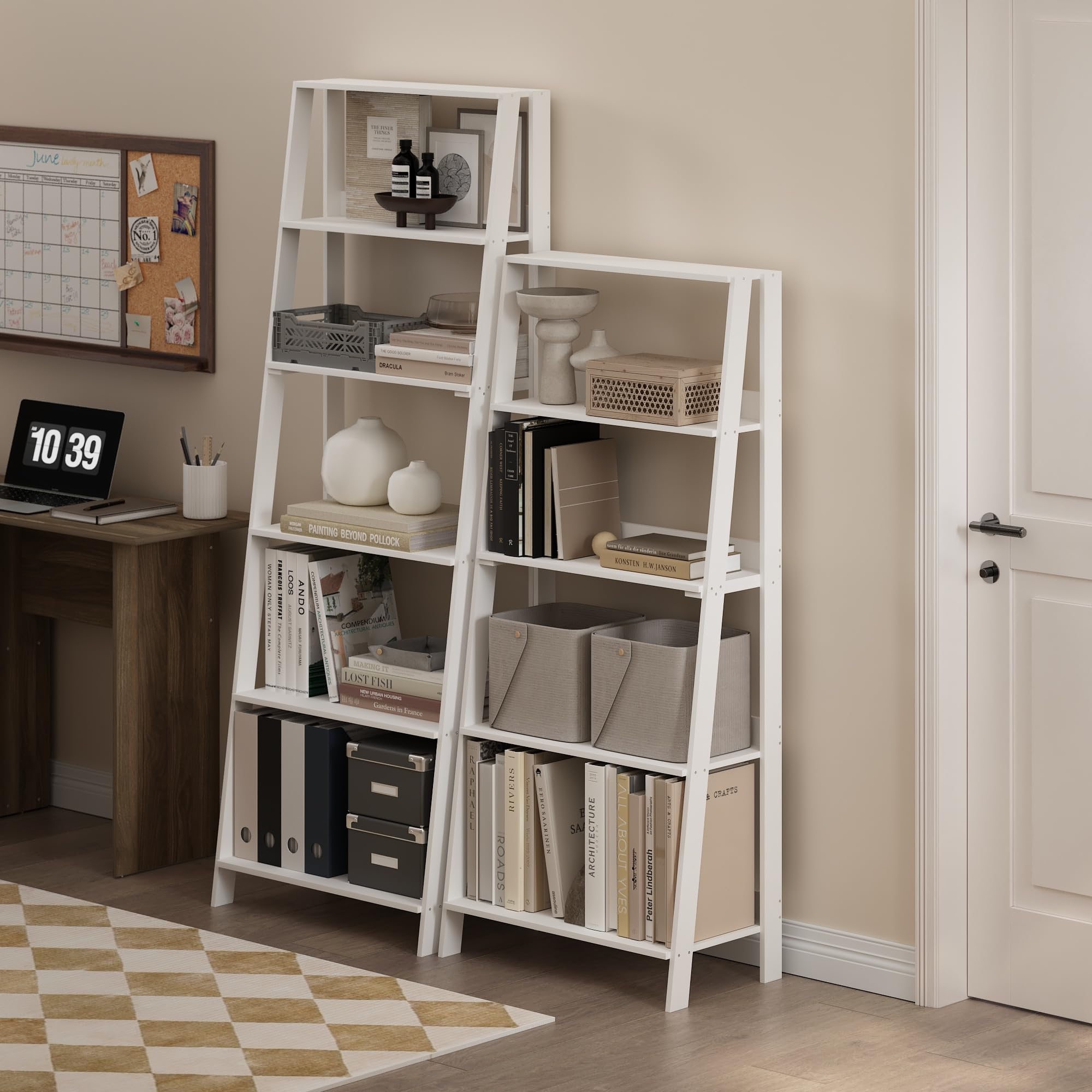 Furinno Ladder Bookcase 5-Tier White shelving depths highlight varied display.