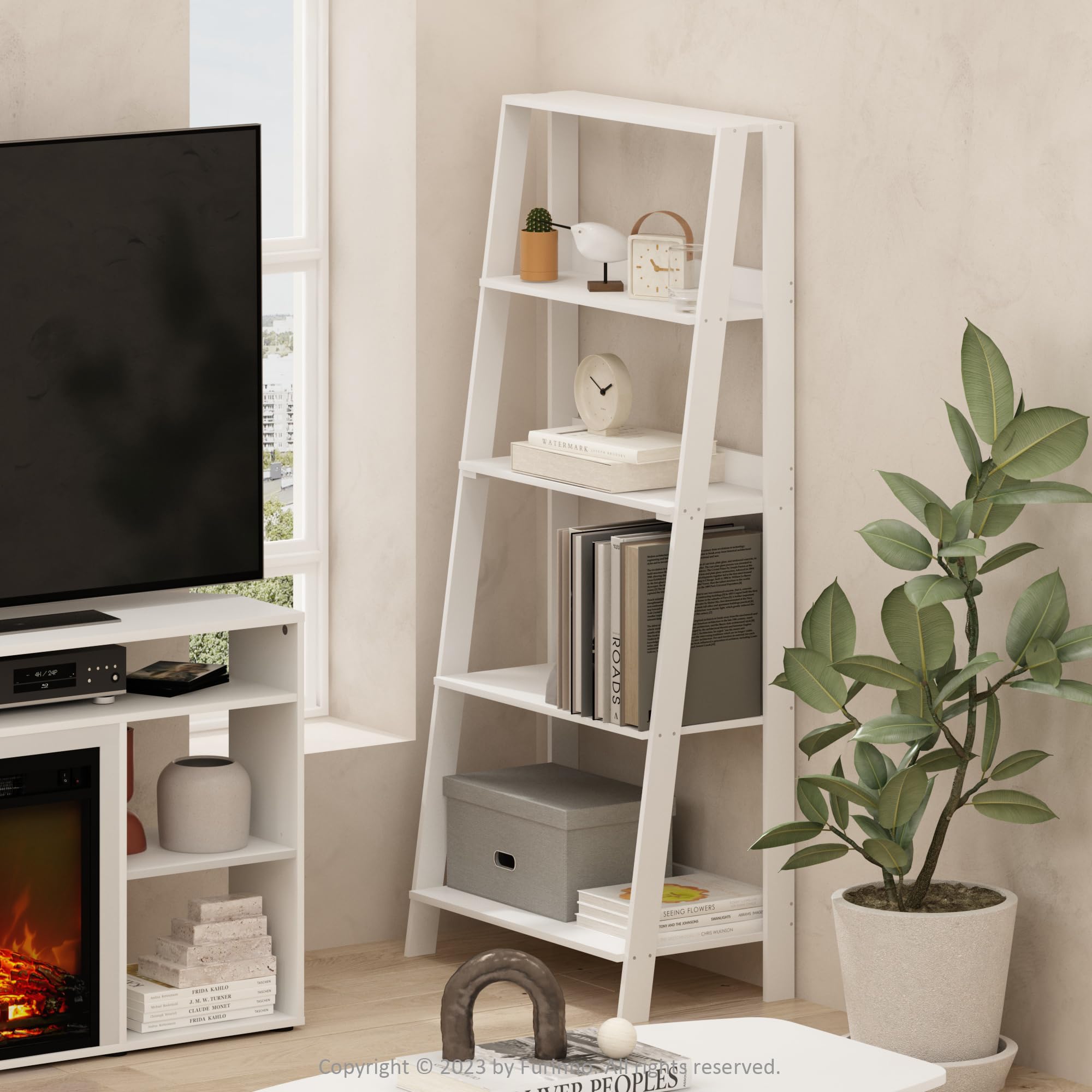 Furinno Ladder Bookcase White side view showcasing corner-friendly design.