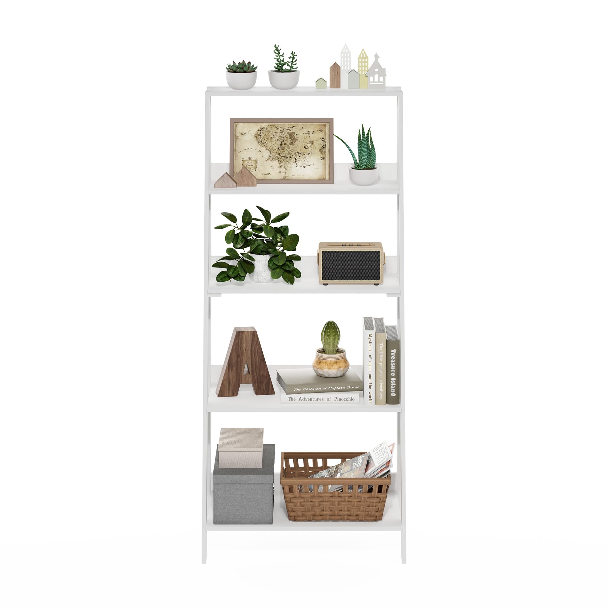 Furinno Ladder Bookcase White 5-Tier top shelf capacity demonstrated.