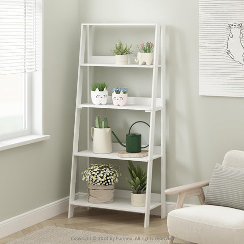 Furinno Ladder Display Shelf side view for space-saving storage in a modern living room