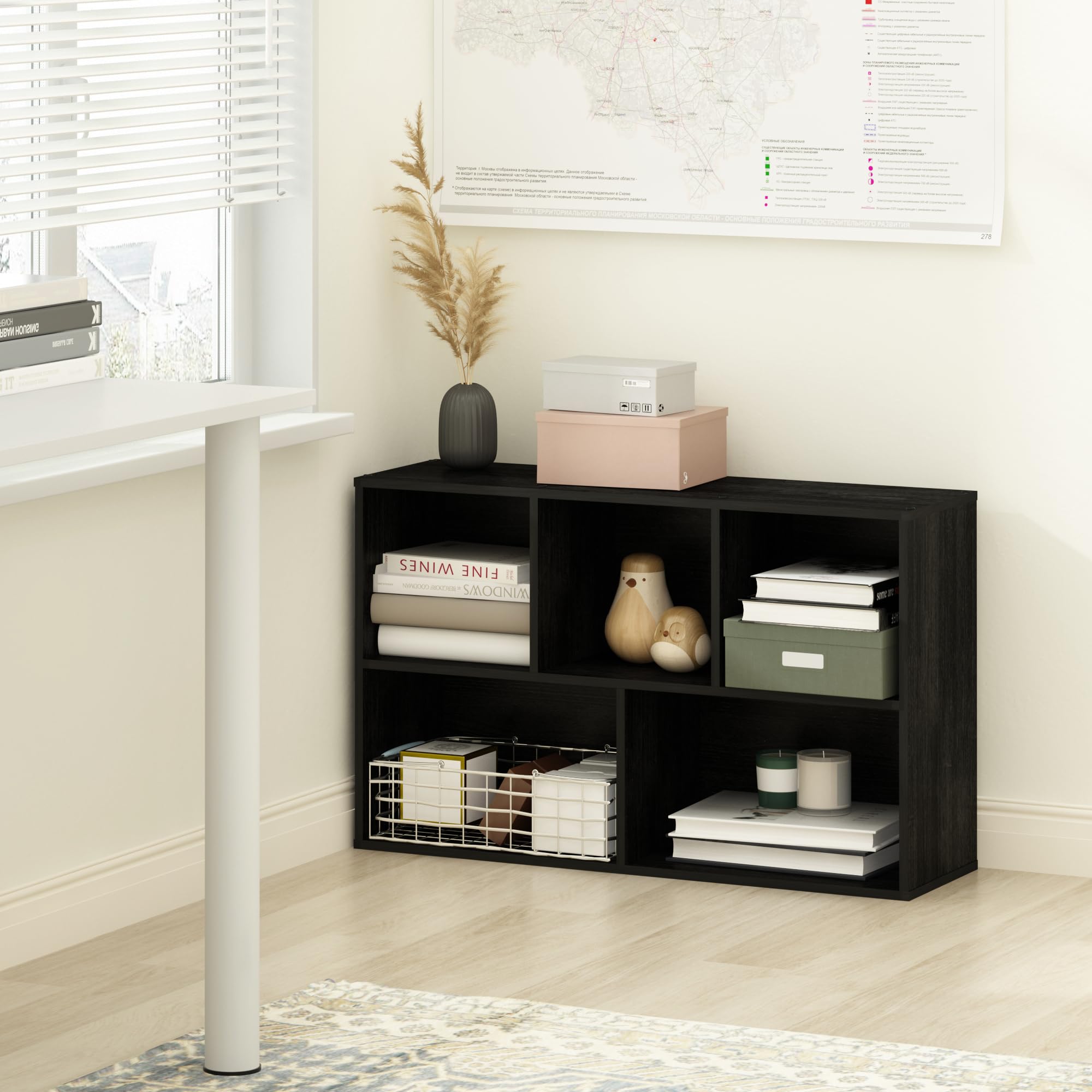 Furinno Luder shelf shown with books and decor for versatile living.