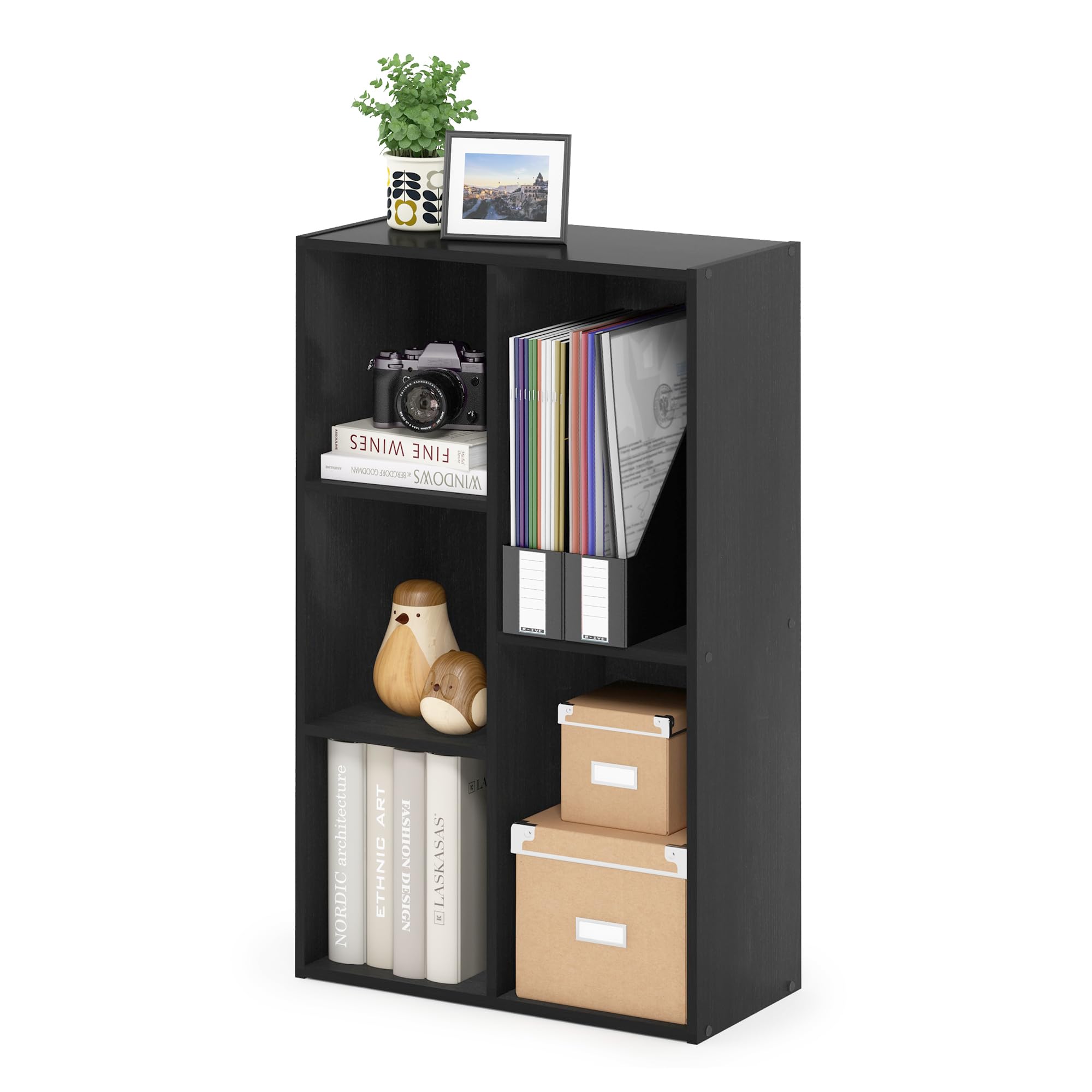 Furinno Luder 5-Cube Open Shelf in Blackwood for compact storage.