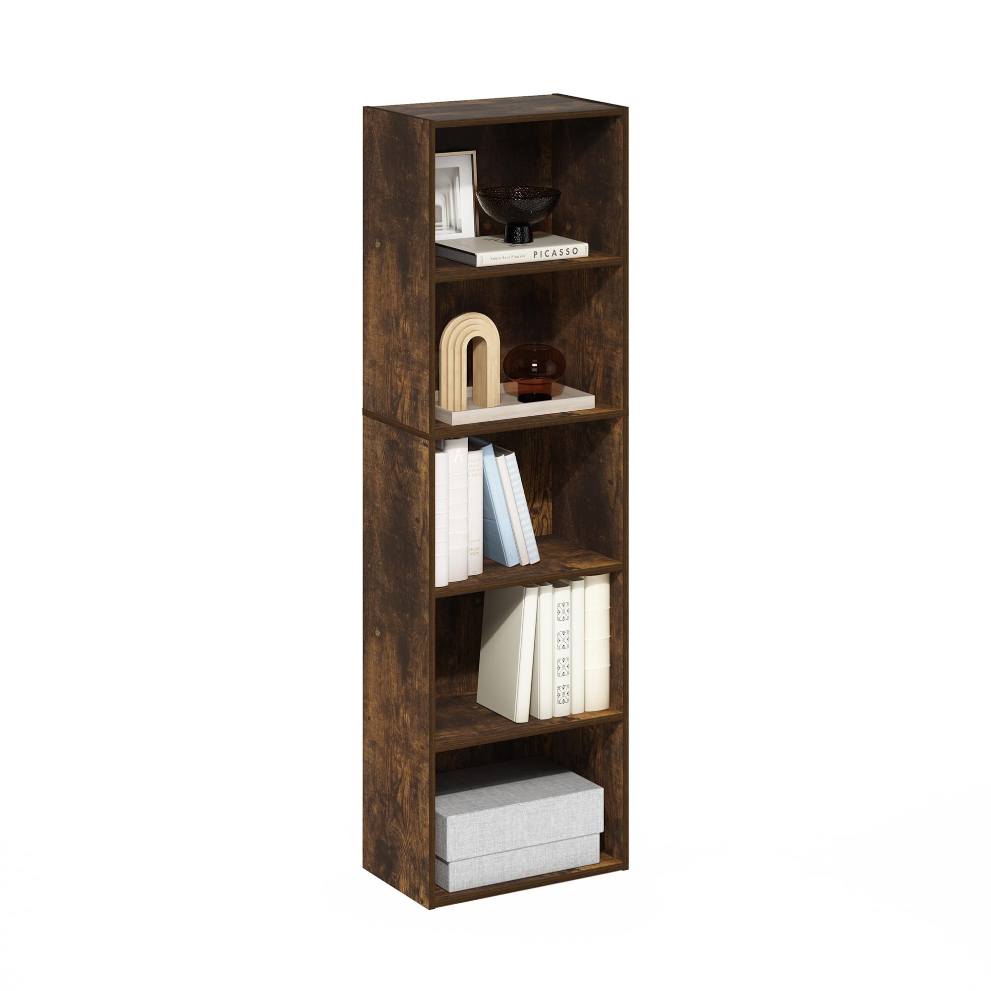 Furinno Luder 5-tier open shelf in amber pine for versatile living room storage