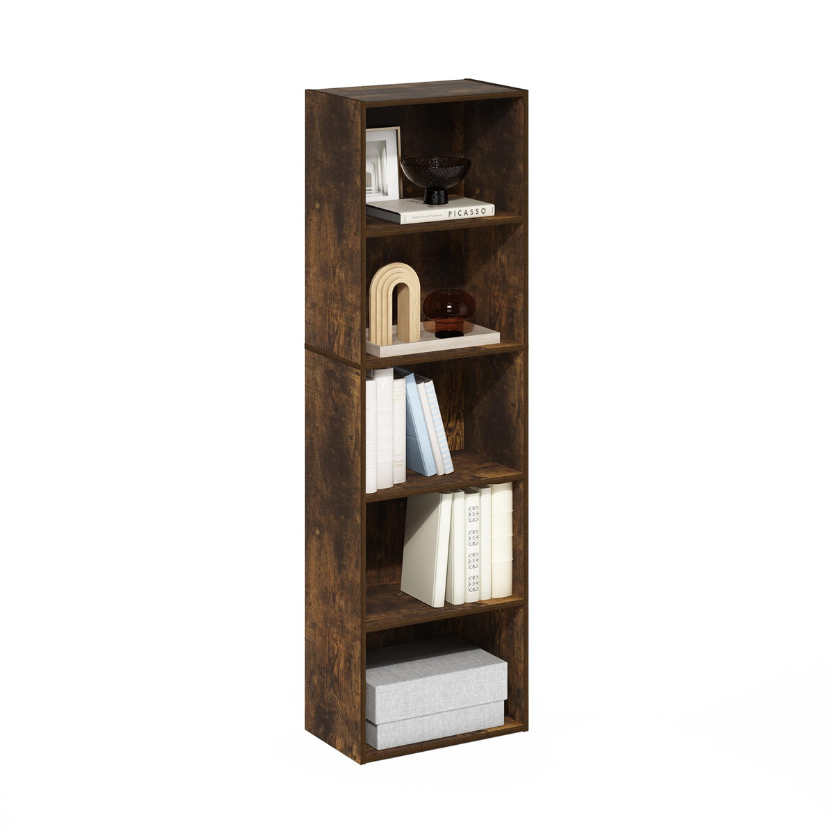 Furinno Luder 5-tier open shelf in amber pine for versatile living room storage
