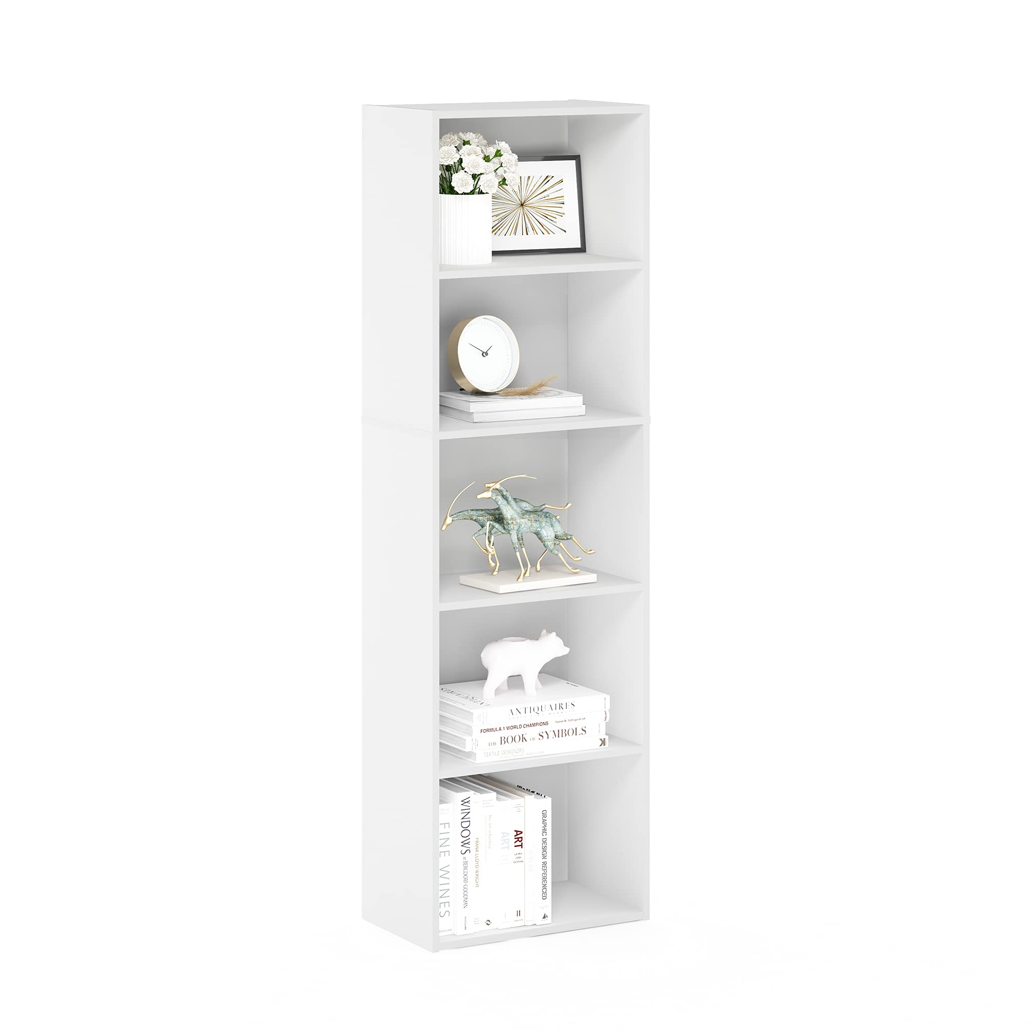 Furinno LUDER 5-tier book shelf with open shelves in white for living room display.