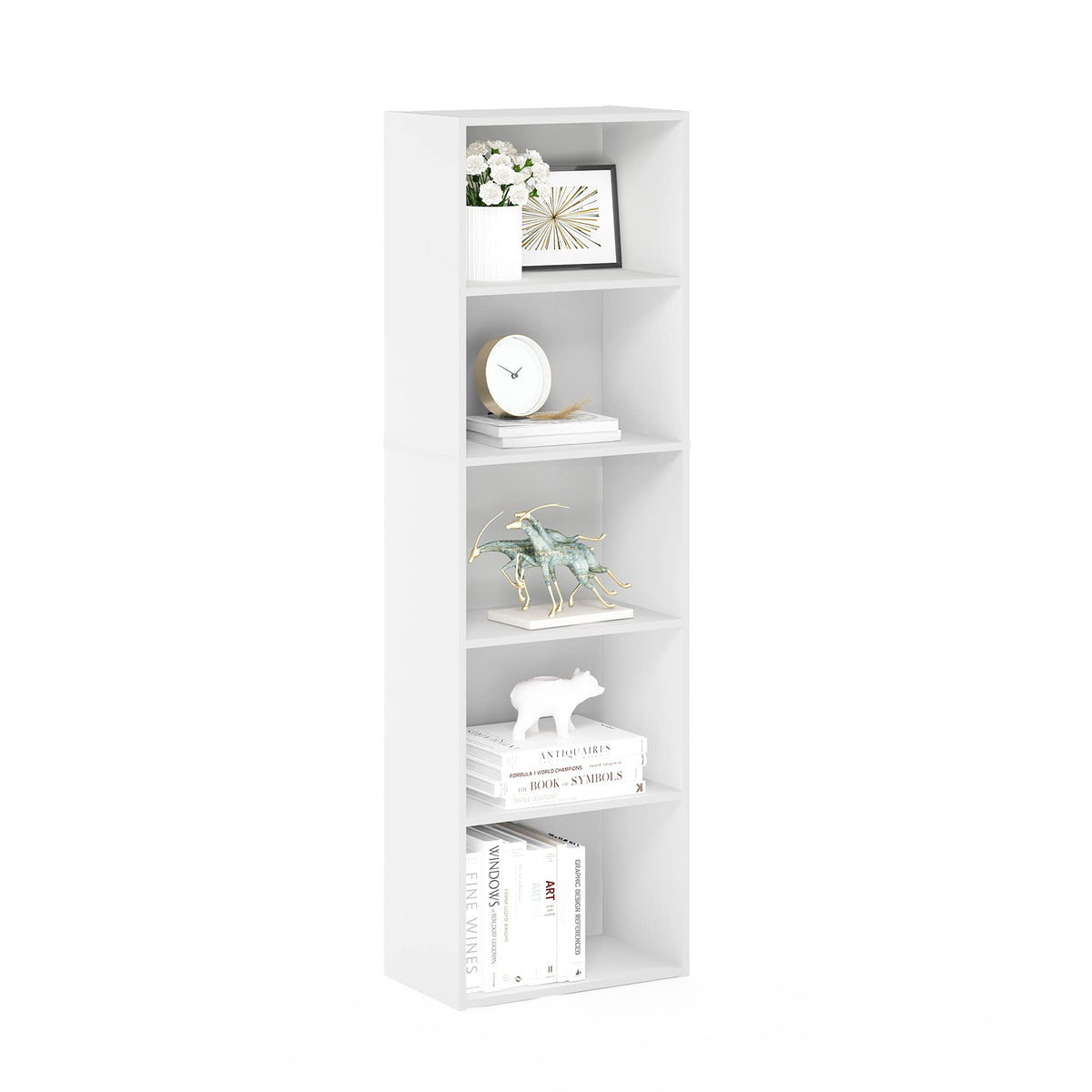 Furinno LUDER 5-tier book shelf with open shelves in white for living room display.