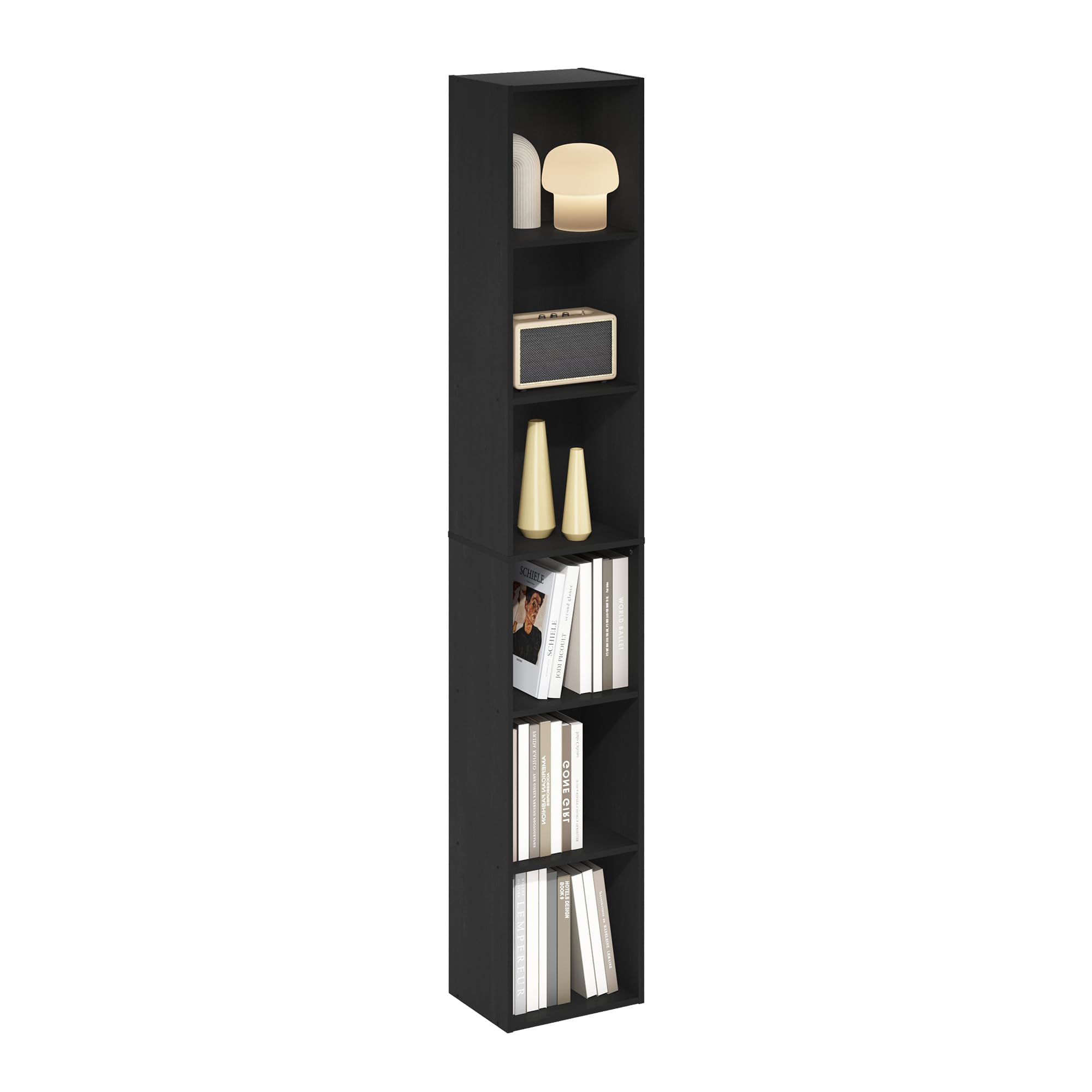 Furinno LUDER 6-tier open-front bookshelf designed for compact spaces, displaying books and decor.