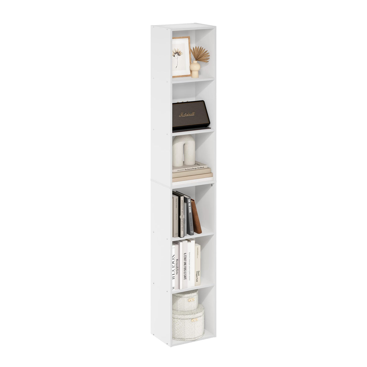 Furinno LUDER 6-tier white shelf demonstrates space-saving vertical storage.