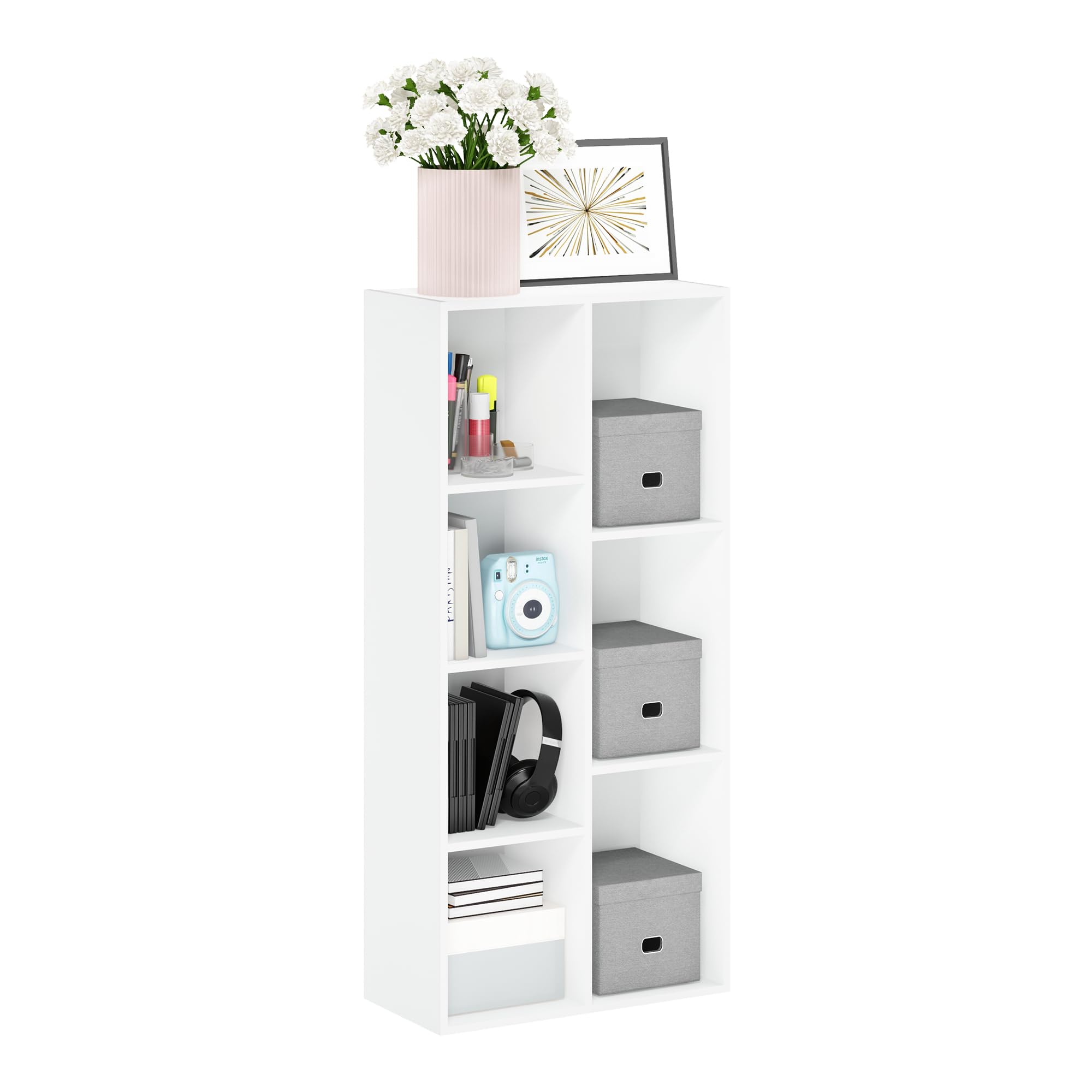 Furinno LUDER 7-cube shelf with open front in white for organized living room storage