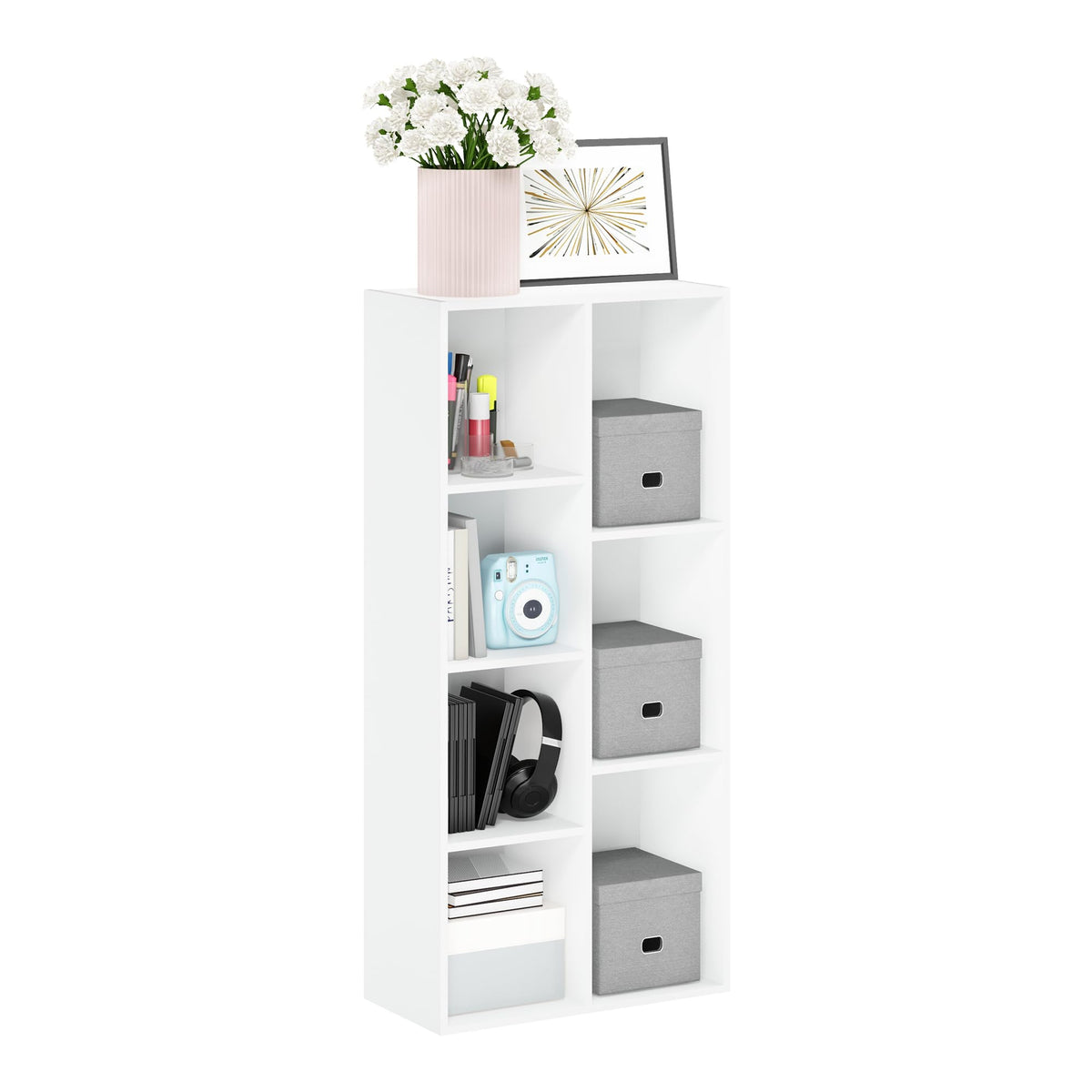 Furinno LUDER 7-cube shelf with open front in white for organized living room storage