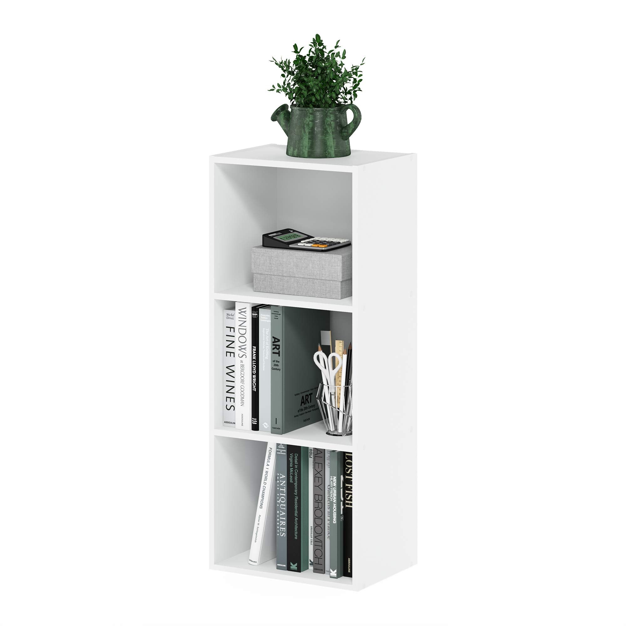 Furinno LUDER book shelf with three open cubes for tidy storage.
