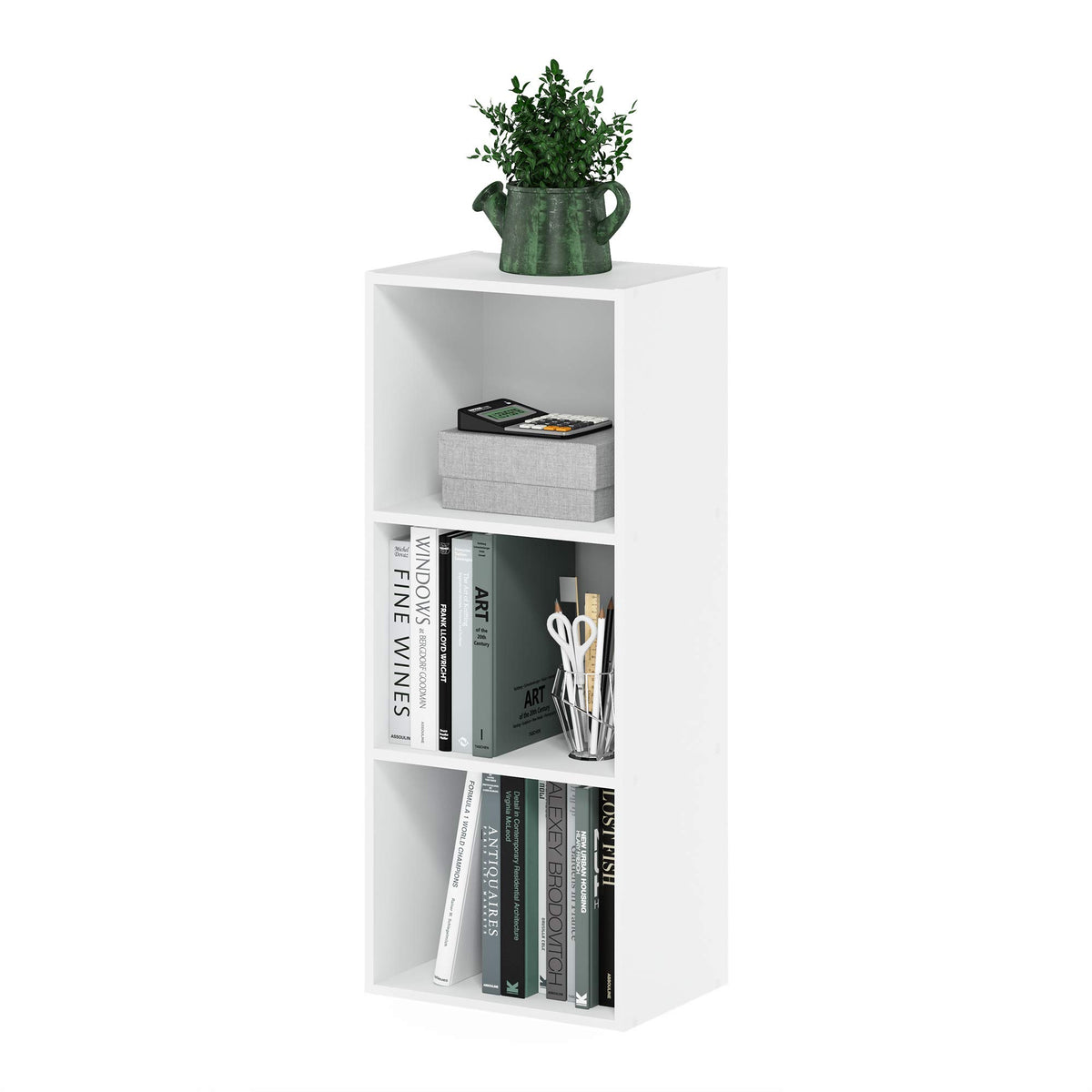 Furinno LUDER book shelf with three open cubes for tidy storage.