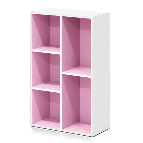 Furinno LUDER 5-Cube Book Shelf front view shows clean lines and White/Pink finish.