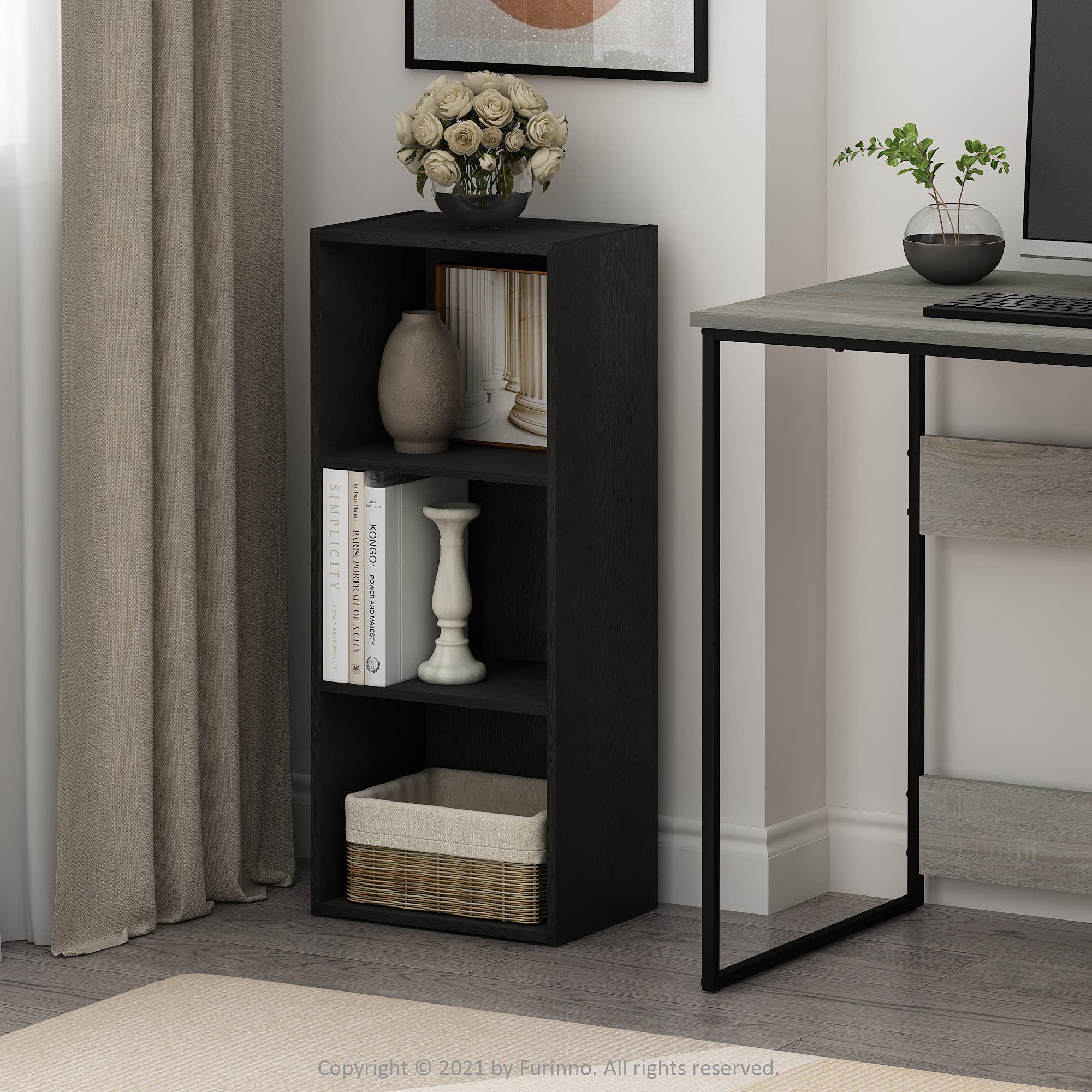 Furinno LUDER shelf with back panel for organized display and stability.