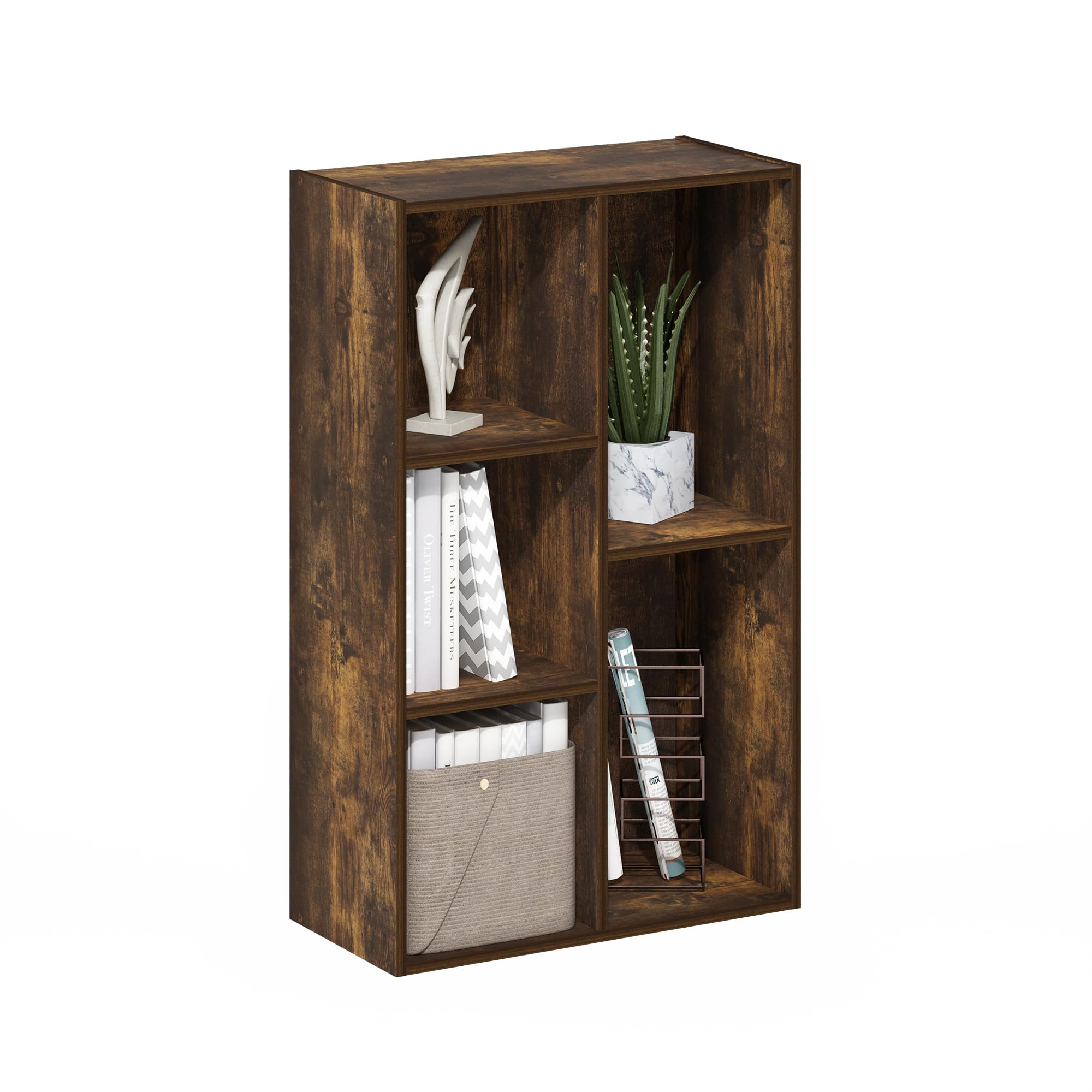 Furinno LUDER book shelf front view in amber pine offers stylish storage and display options.