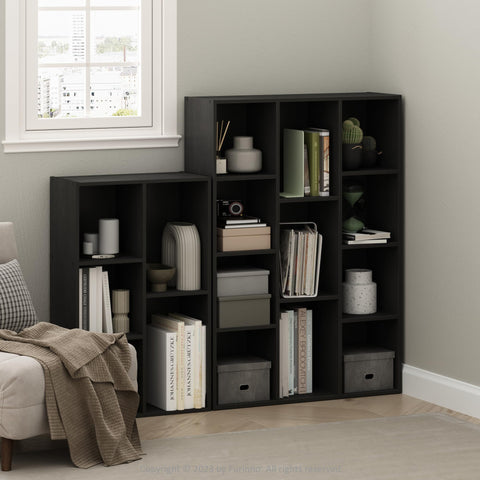 Furinno LUDER reversible bookshelf shown in a horizontal layout for flexible room planning