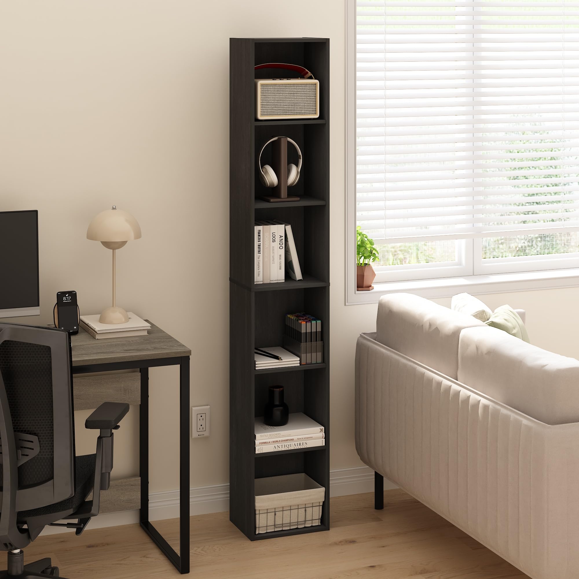 Furinno LUDER bookcase side profile showing a slim vertical design for narrow corners.