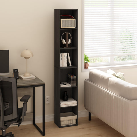 Furinno LUDER bookcase side profile showing a slim vertical design for narrow corners.