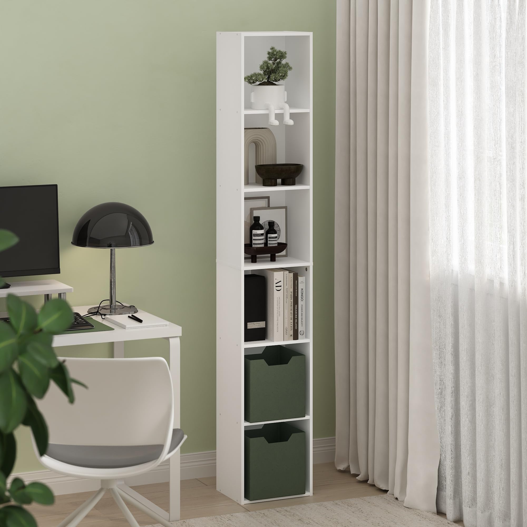Furinno LUDER bookcase side view highlighting slim corner-friendly profile.