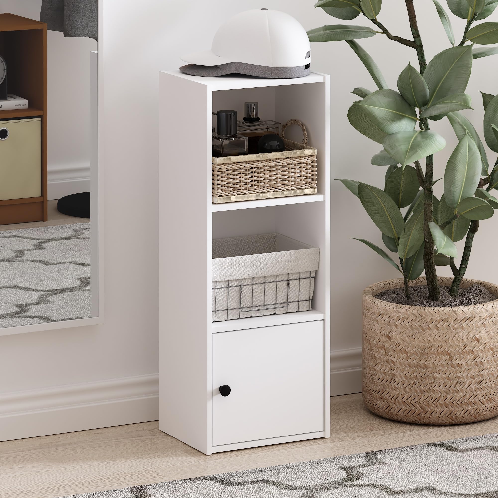Furinno Luder with door cabinet at the bottom for hidden storage.