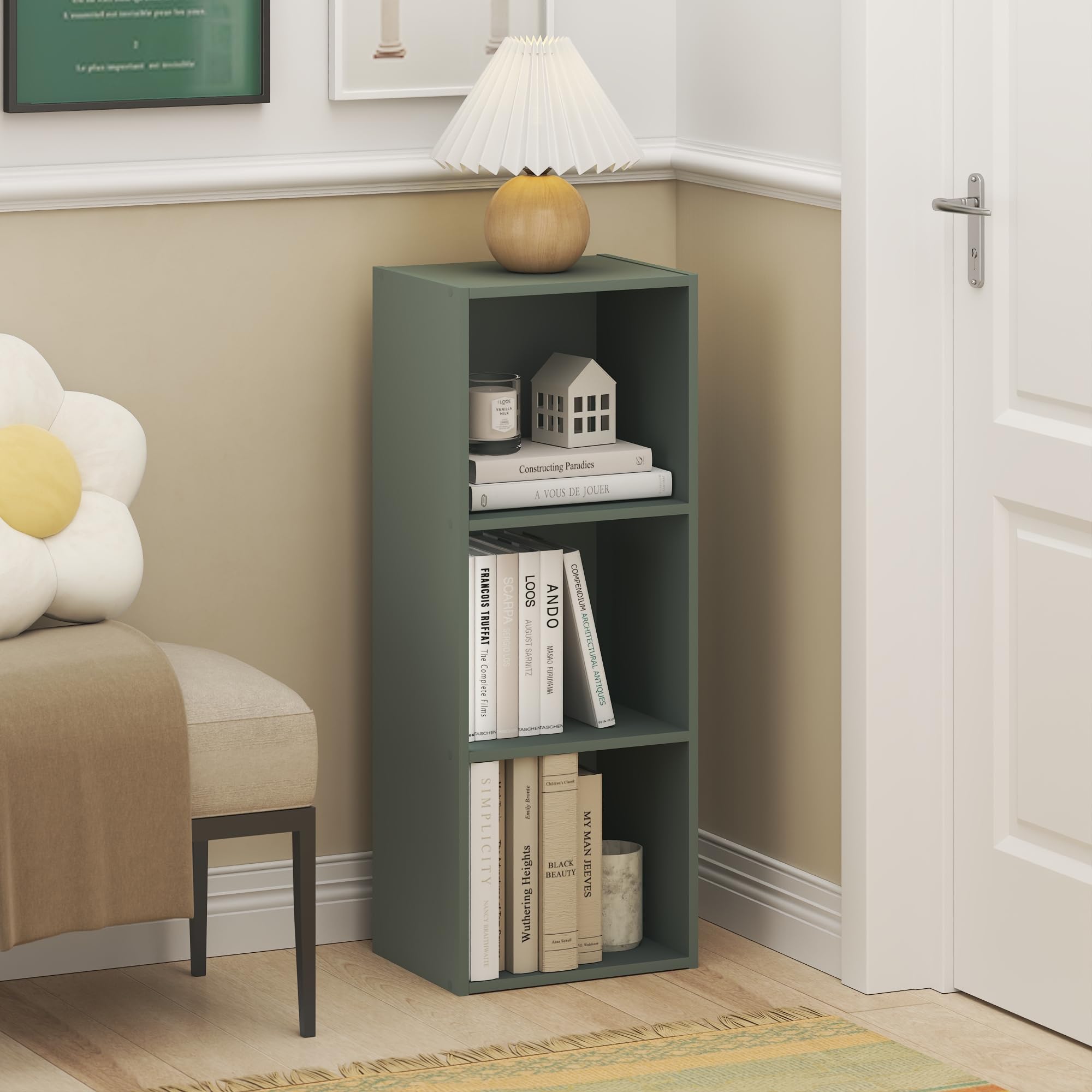 Furinno LUDER Sage Green 3-cube storage view ideal for books and decor.