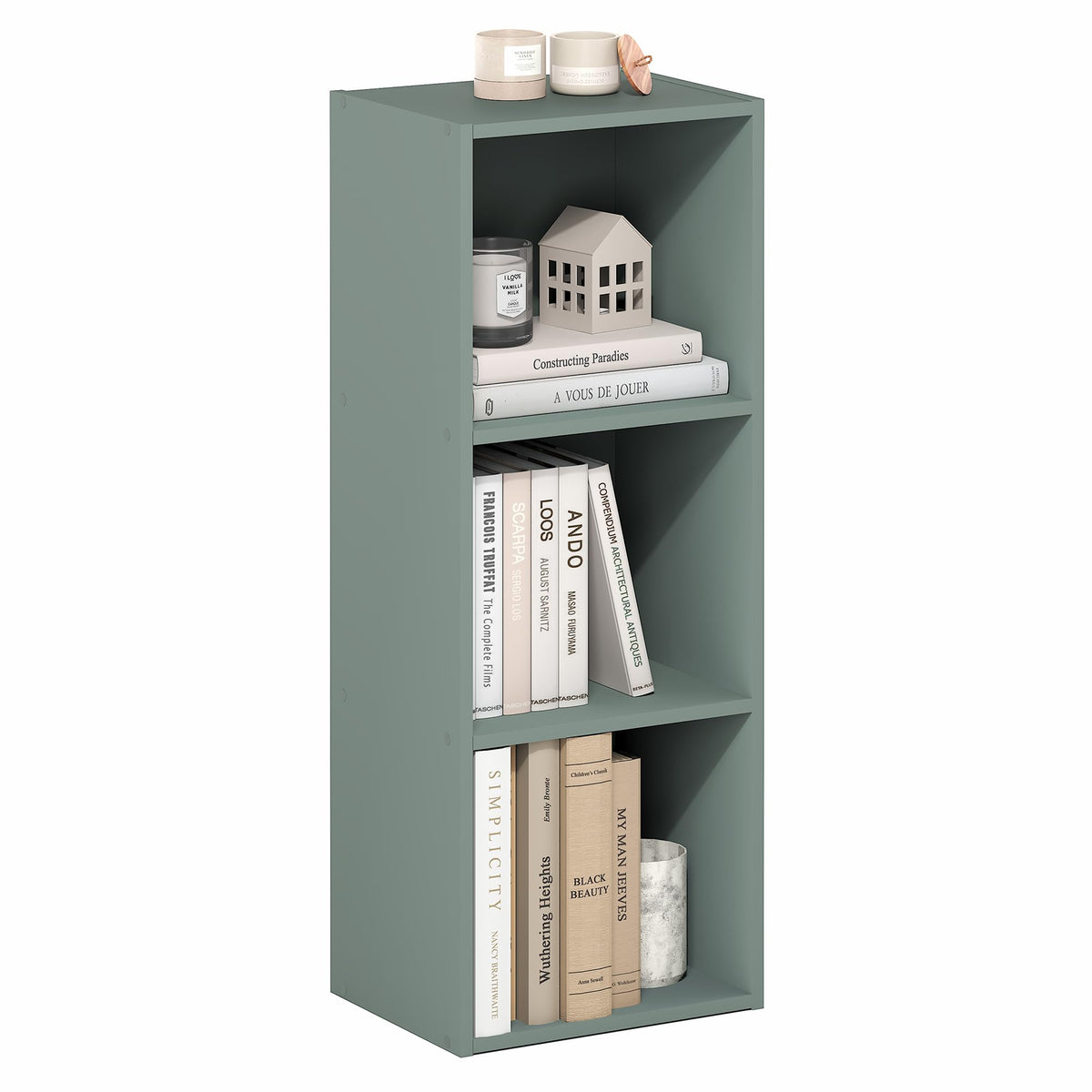Furinno LUDER Sage Green shelf front view for compact, space-saving storage.