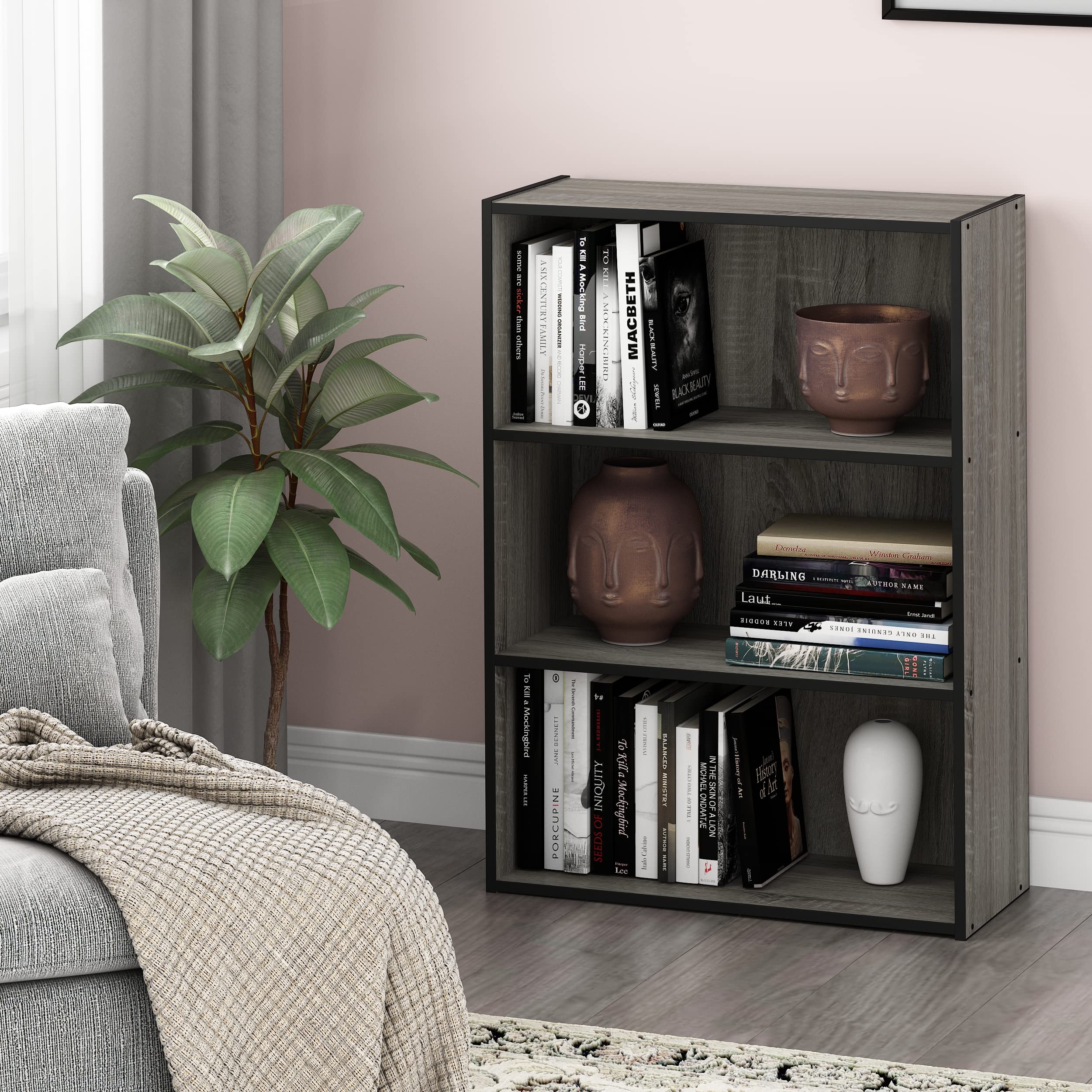 Furinno Pasir 3-Tier bookshelf front view highlights a sleek profile for any decor.