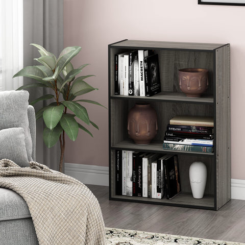 Furinno Pasir 3-Tier bookshelf front view highlights a sleek profile for any decor.