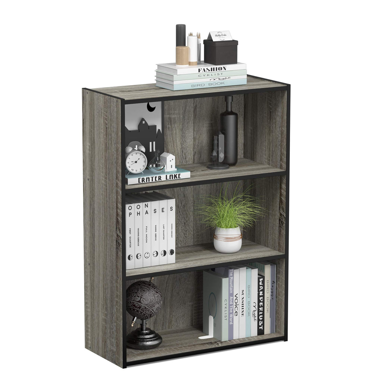 Furinno Pasir 3-Tier bookshelf side view shows accessible storage for living spaces.