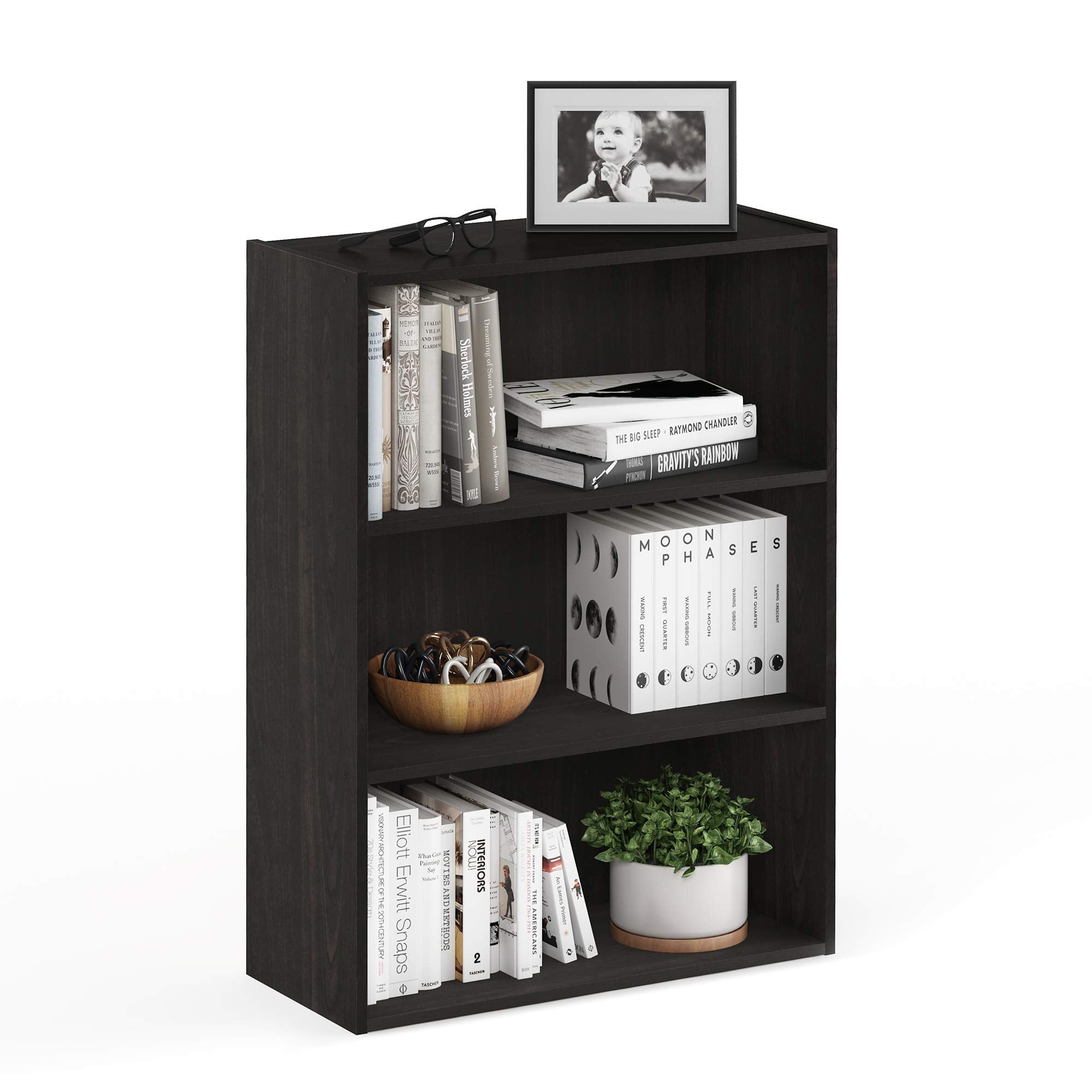 Furinno Pasir 3-tier bookcase espresso displays books and decor, keeping living spaces organized.