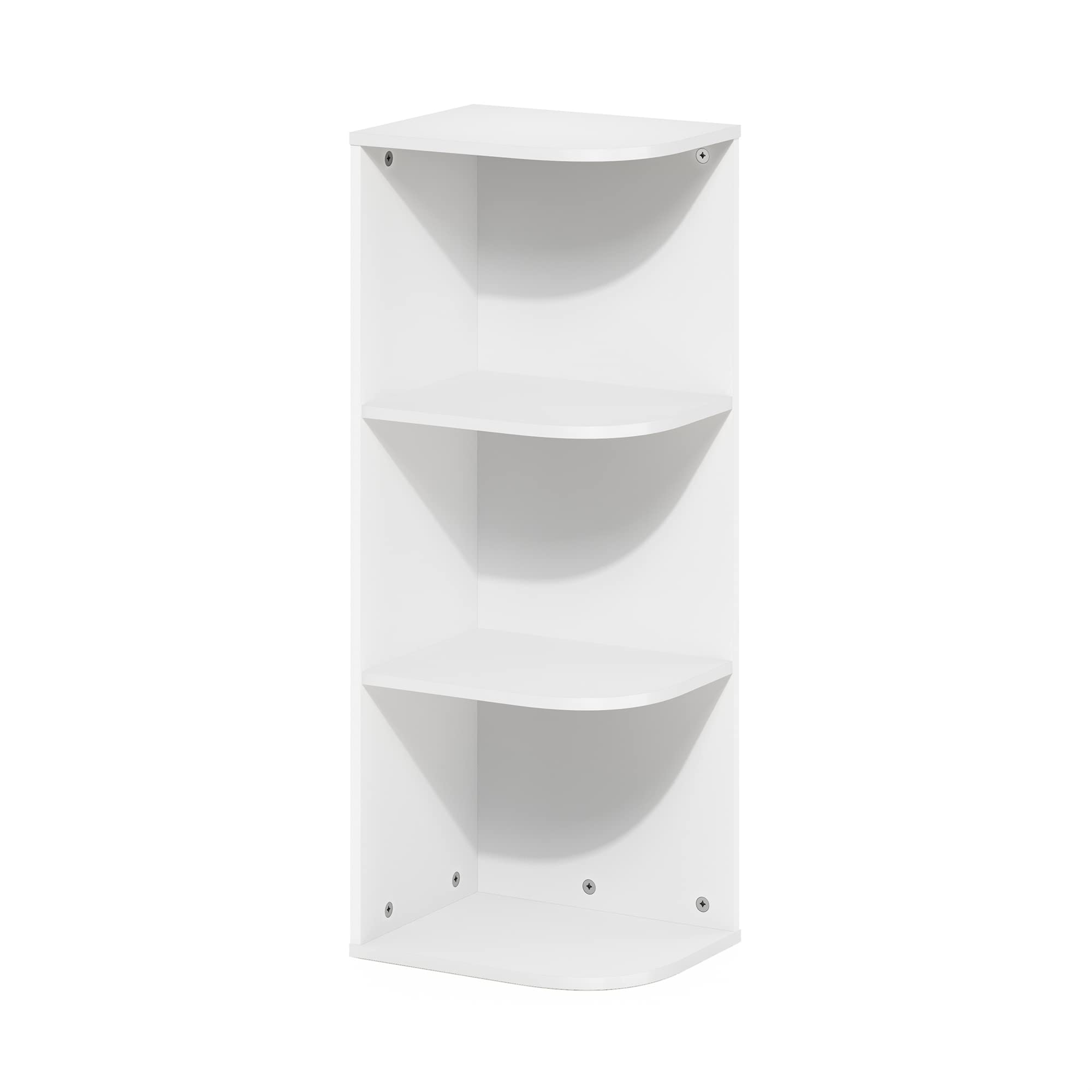 Furinno PASIR 3-tier corner shelf displaying books in a tidy living room.
