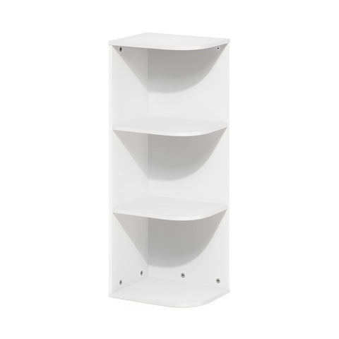 Furinno PASIR 3-tier corner shelf displaying books in a tidy living room.