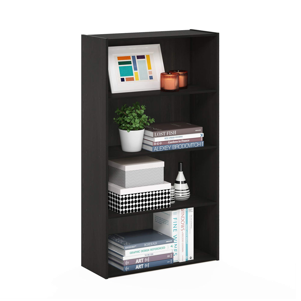 Furinno PASIR 4-tier bookcase with open shelves in espresso for organized living spaces.