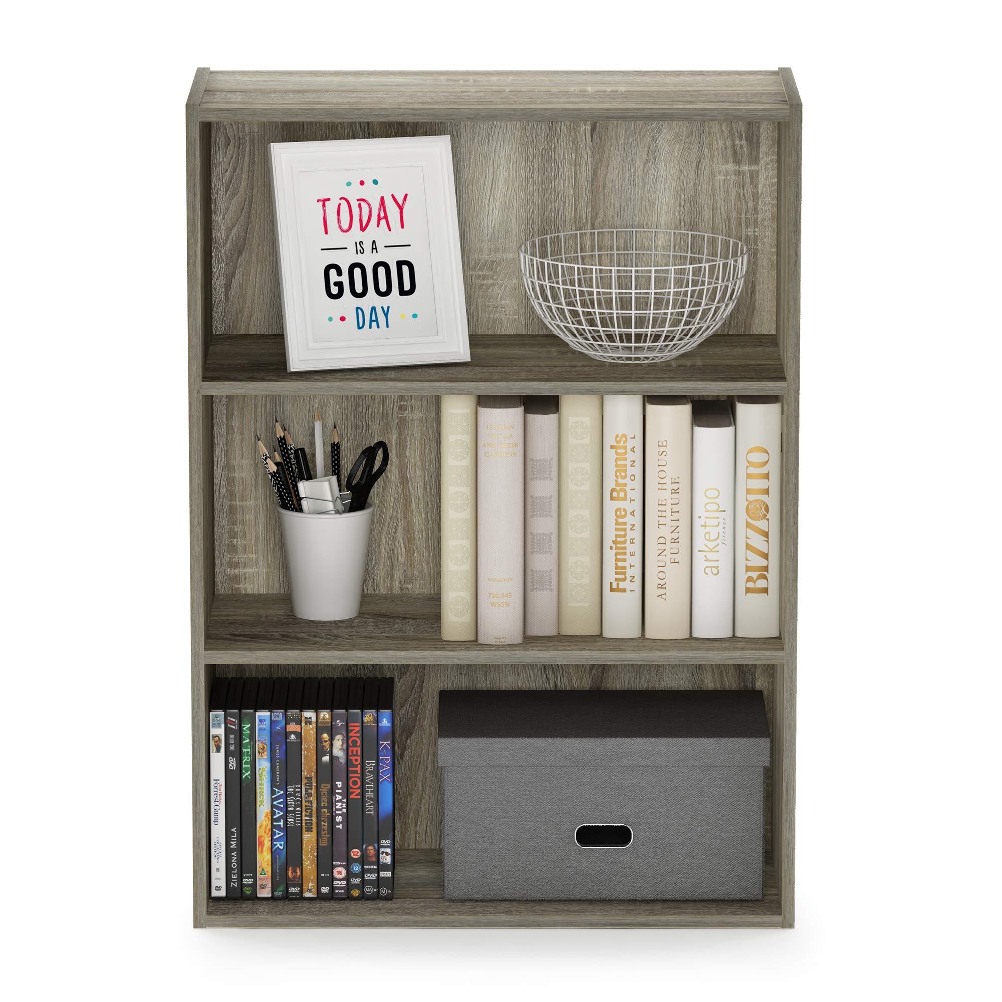 Furinno Pasir shelf unit shown against wall for organized storage.