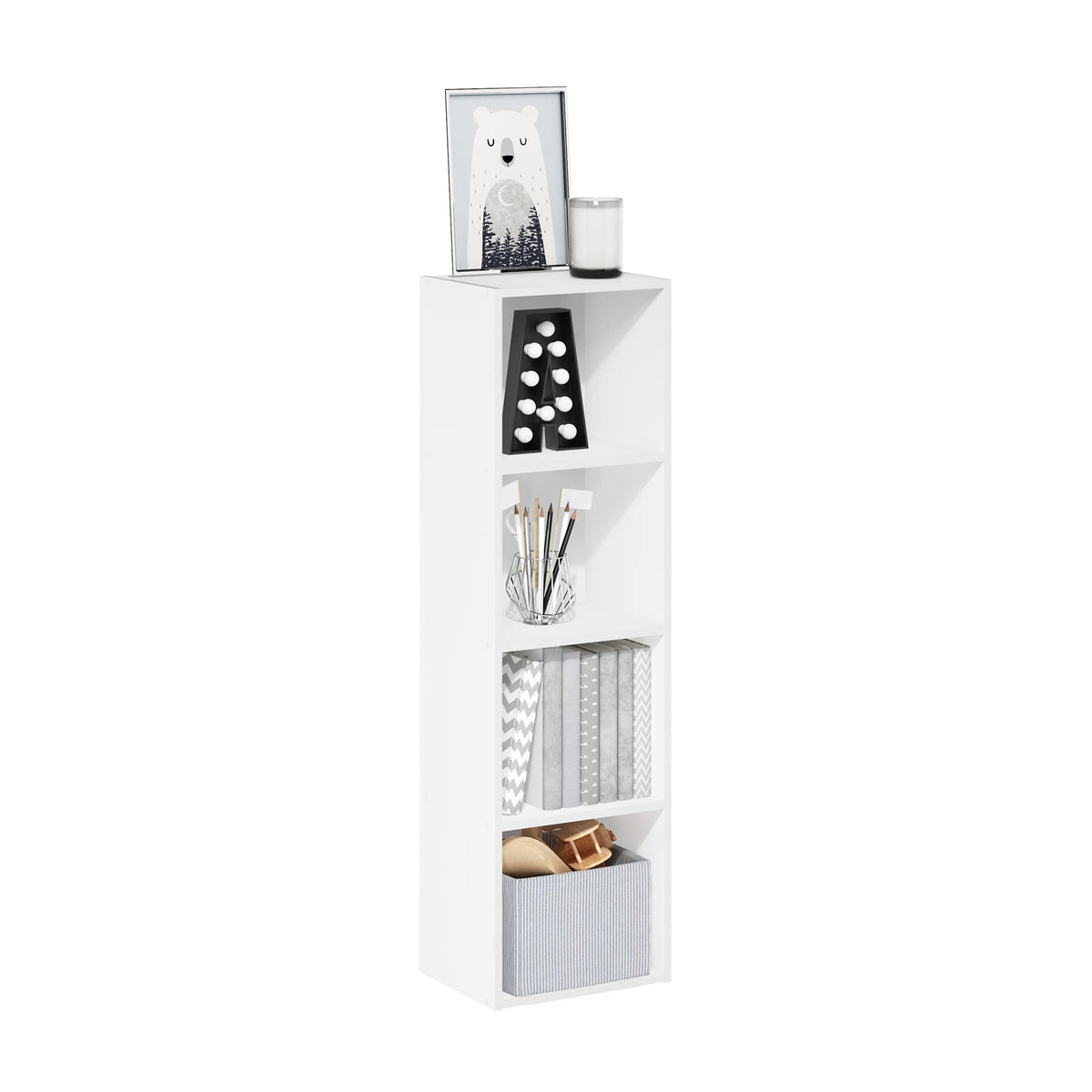 Furinno PASIR 4-tier bookshelf front view demonstrates slim, space-saving design