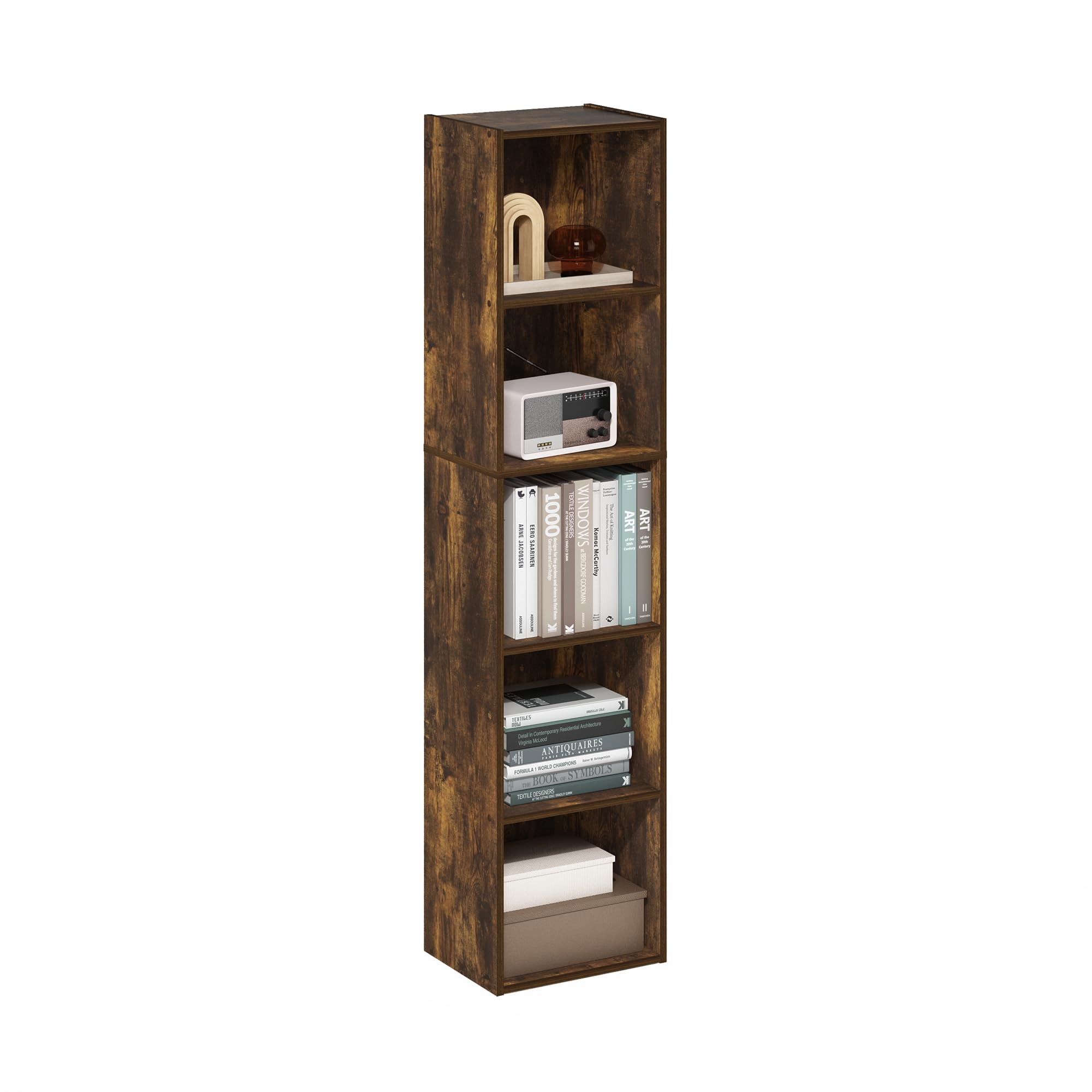 Furinno Pasir 5-tier open shelves in amber pine for stylish living room display and storage