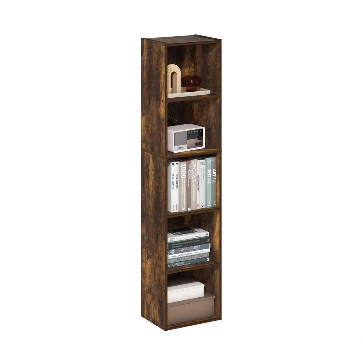 Furinno Pasir 5-tier open shelves in amber pine for stylish living room display and storage