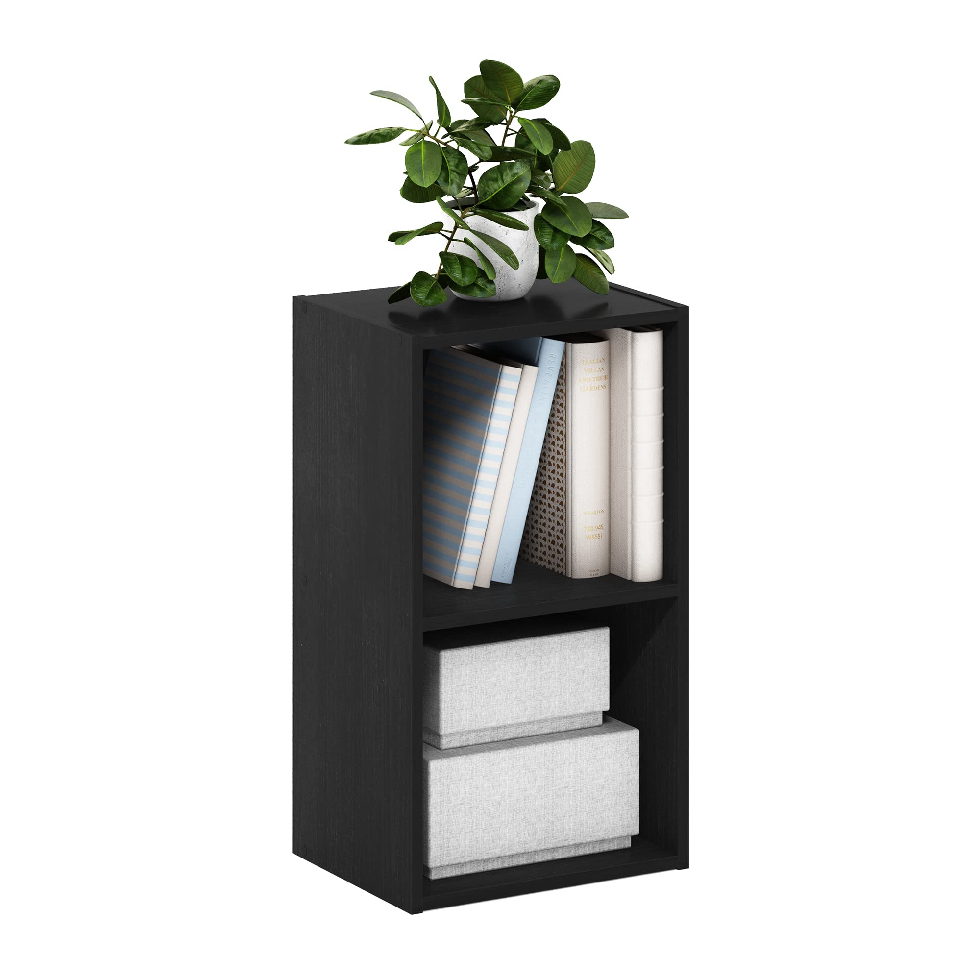 Furinno PASIR book shelf front view highlights slim two-tier design for compact living spaces.