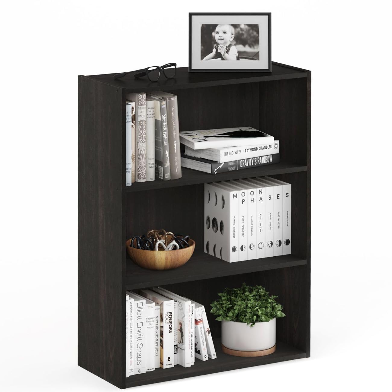 Furinno Pasir Book Shelf front view in blackwood for organized living spaces.