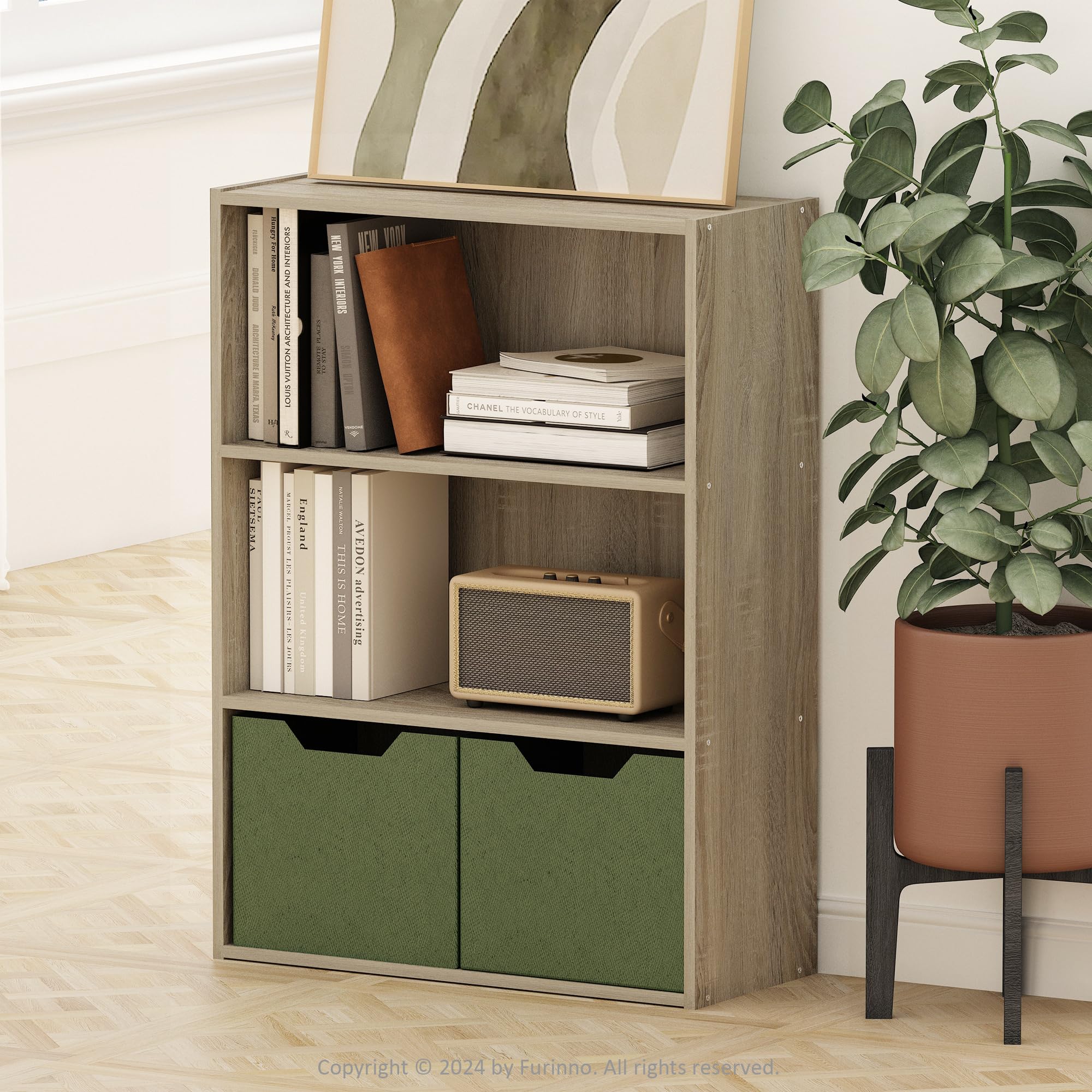 Furinno Pasir bookshelf with open shelves for easy access to books and decor.