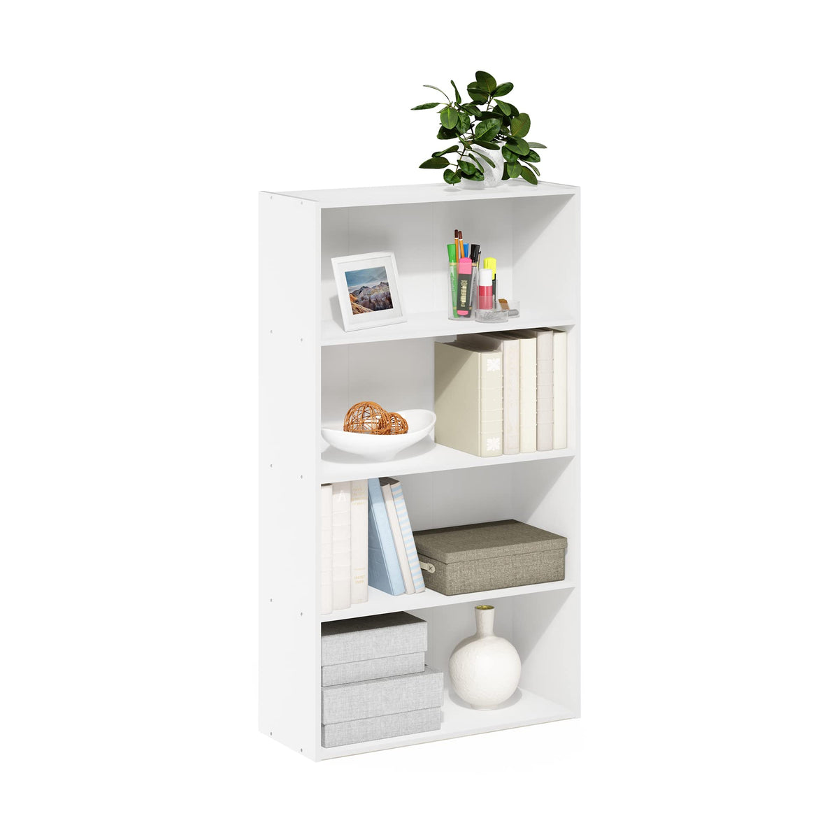Furinno PASIR book shelf with open shelves keeps living rooms tidy and accessible.