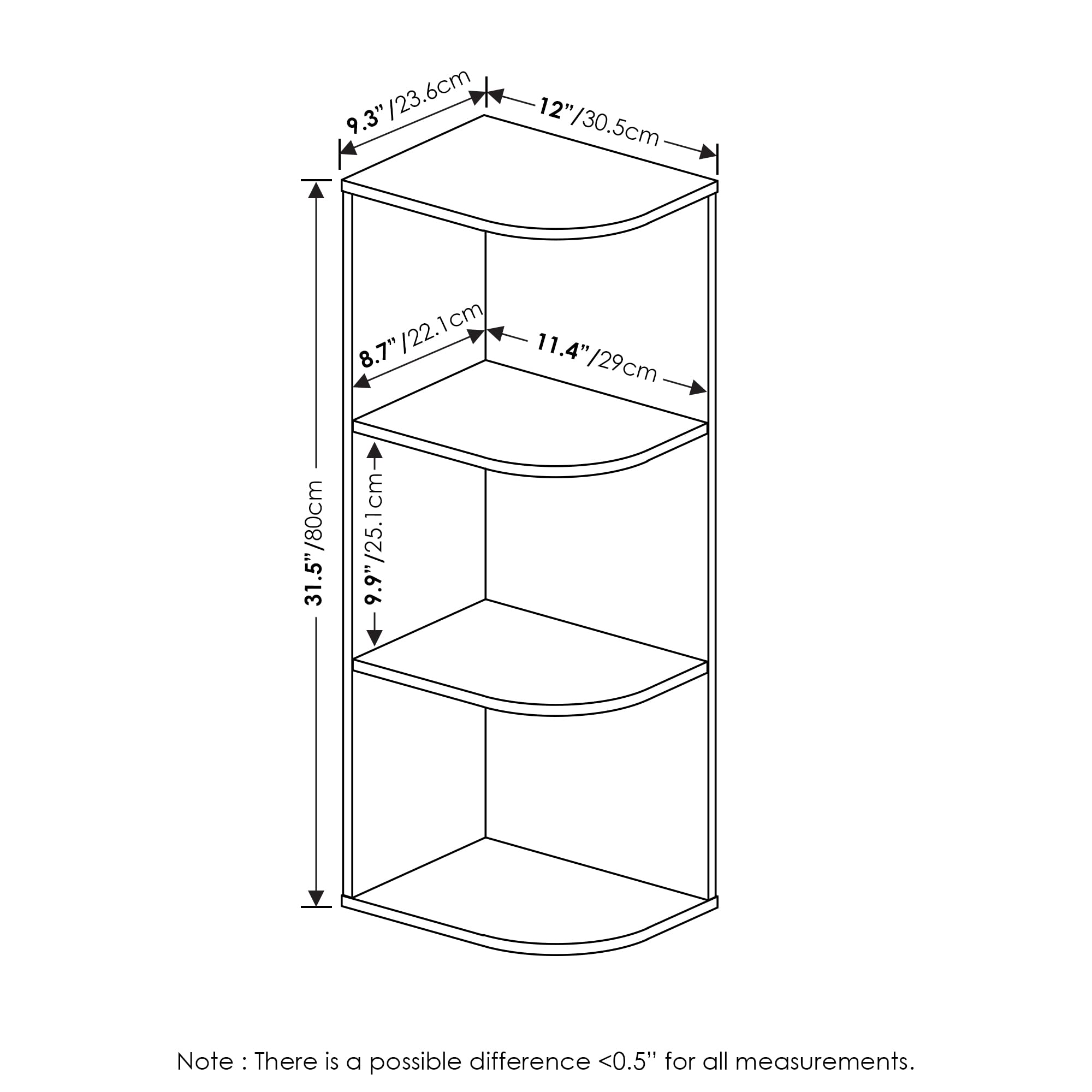 Furinno PASIR curved open shelves maximize corner space in a small apartment.