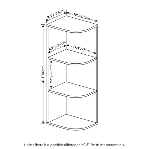 Furinno PASIR curved open shelves maximize corner space in a small apartment.