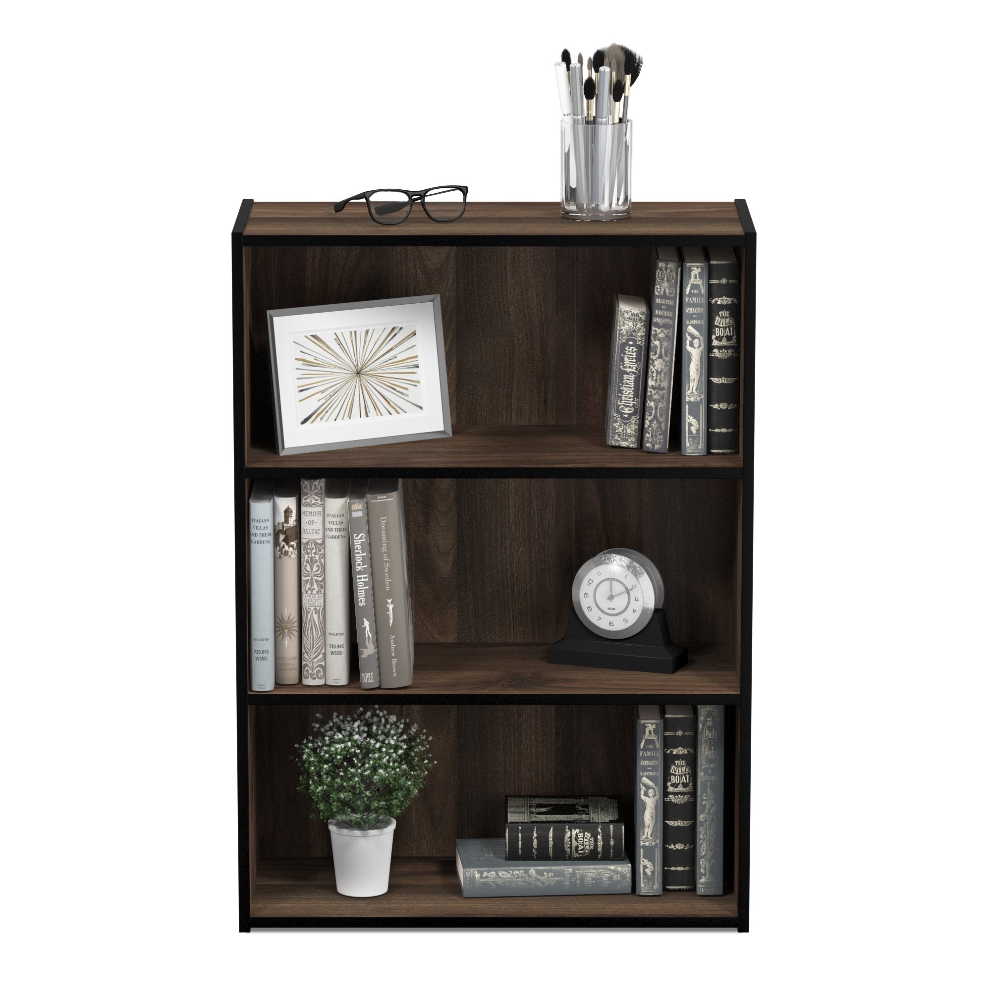 Durable composite wood and back panel stabilize items on the Pasir shelf.