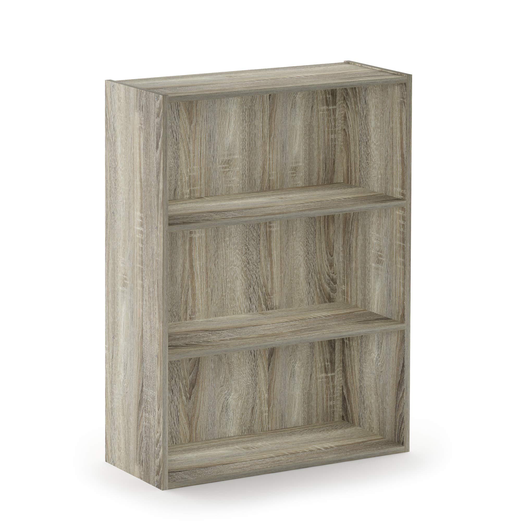 Furinno Pasir 3-tier unit supports books and decor with stability.