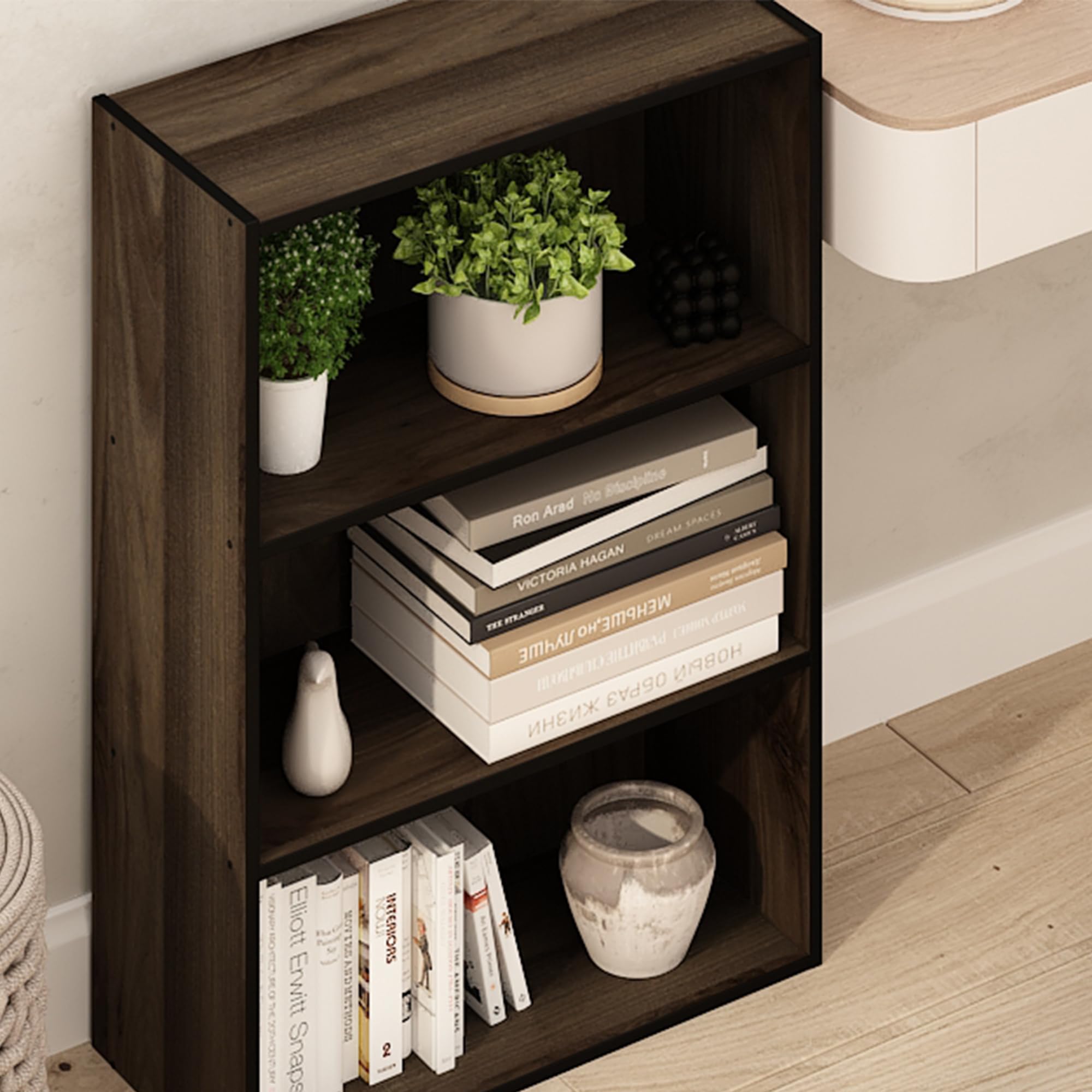 Pasir shelf shown in living room or home office with neat storage.