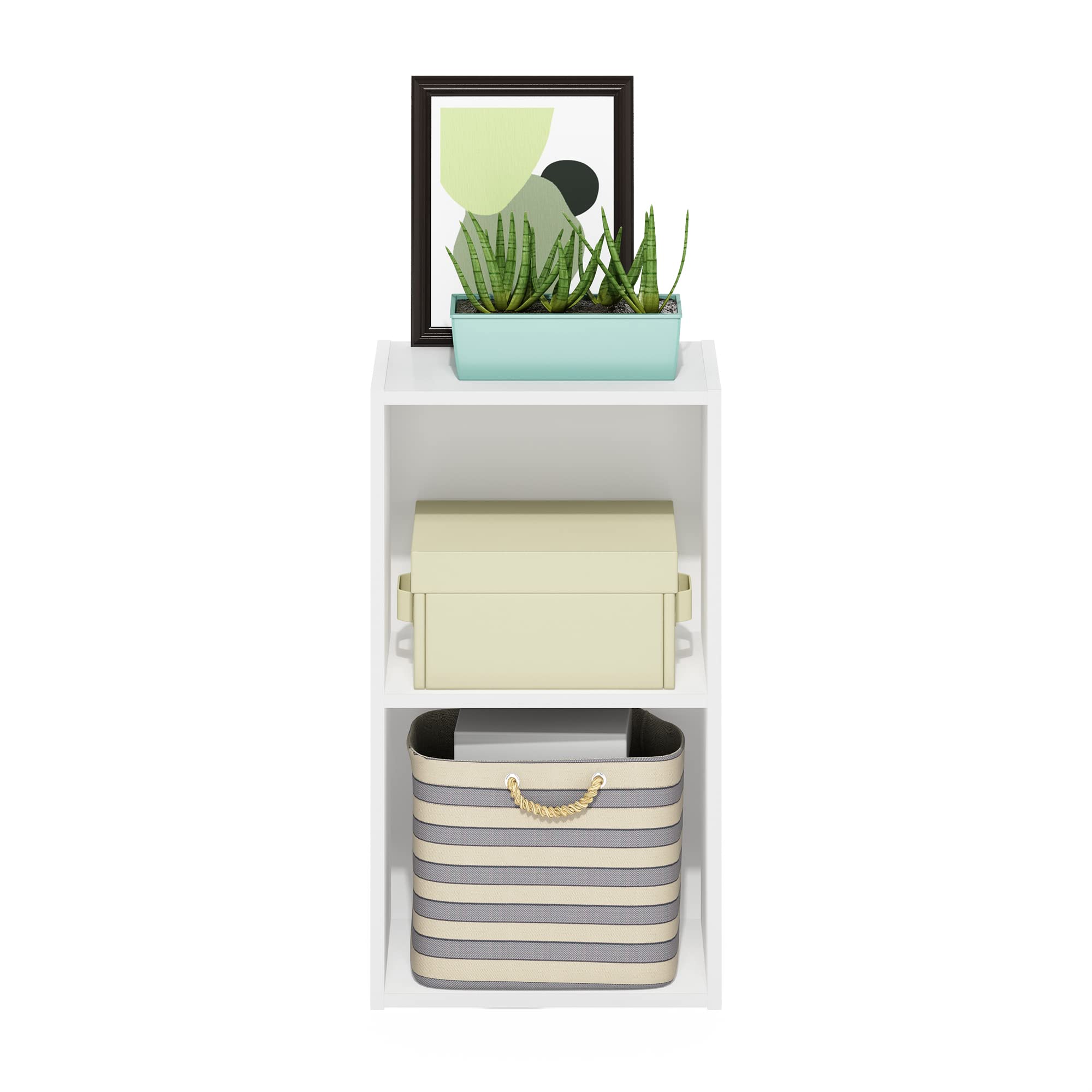Furinno Pasir open shelves support lightweight items up to 10 lbs each.