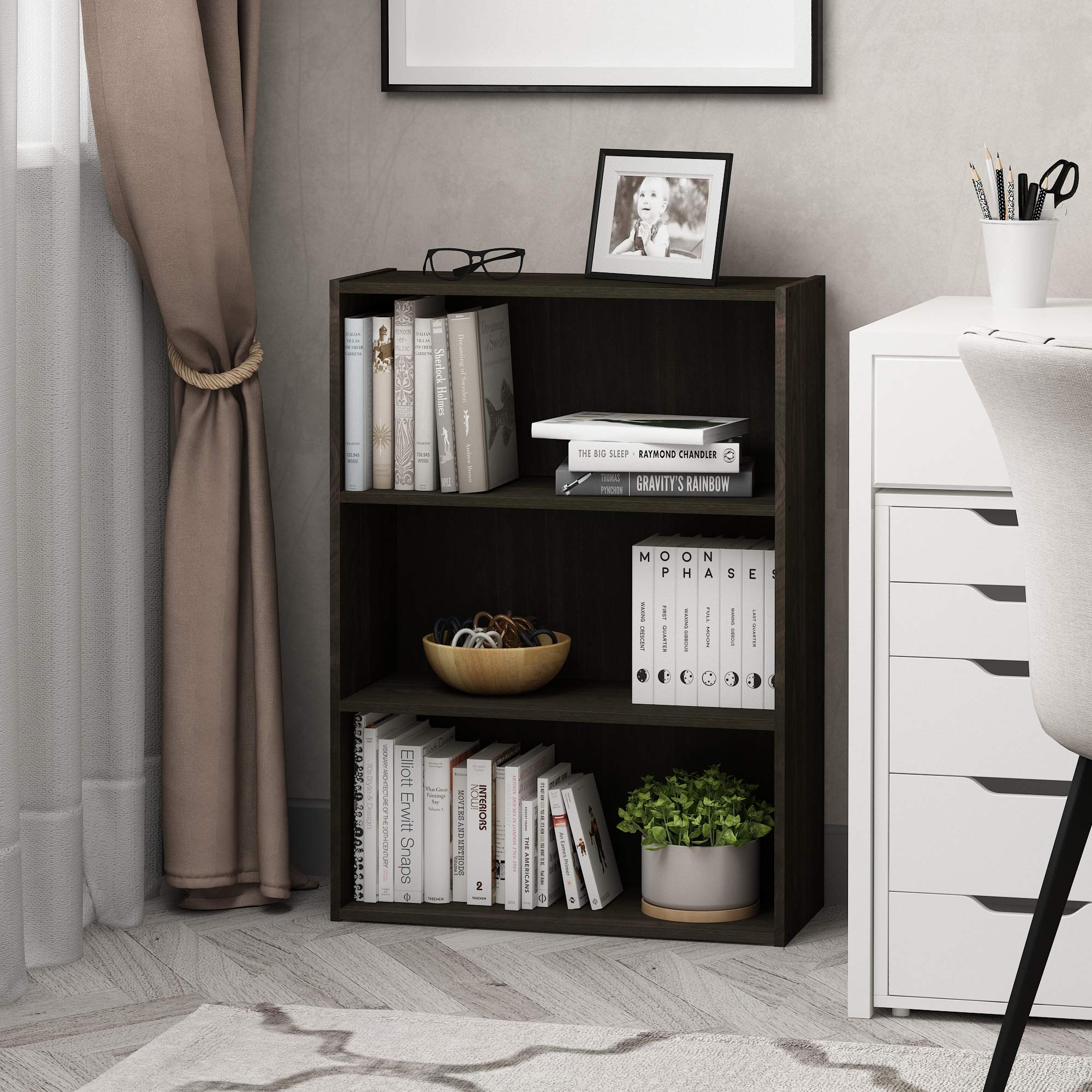 Furinno Pasir wide open shelves showcase essentials while delivering room-wide storage.