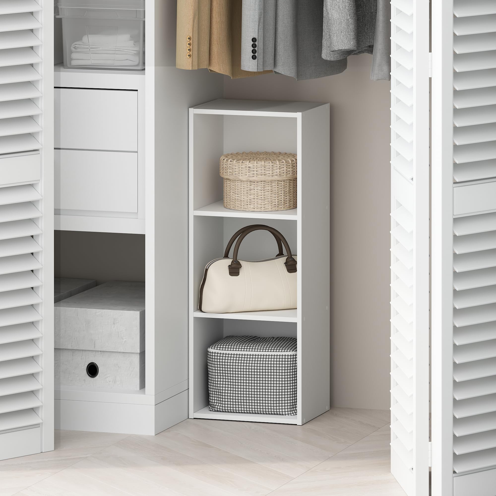 Furinno Reed 3-Tier Closet Organizer showing organized wardrobe storage