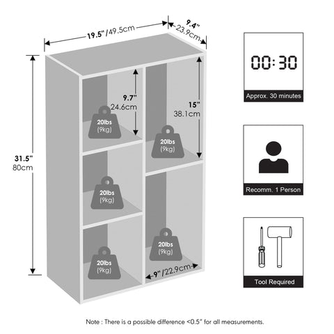 Furinno Reed 5-cube closet organizer white back view, sturdy back panel